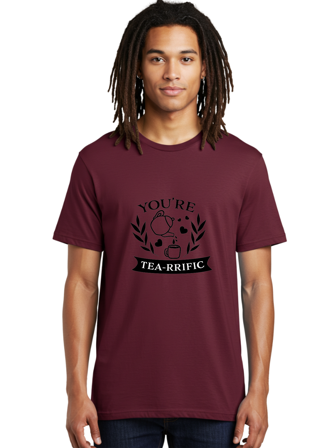 You-Re-Tea-Rrific Men'S Graphic Tee, 100% Cotton, Comfortable Casual Summer Wear, Machine Washable, Tea-Rific, Tea Lover, Punny Design, Heartwarming Message, Tea Time, Teapot, Hearts, Laurel Wreath Aad348