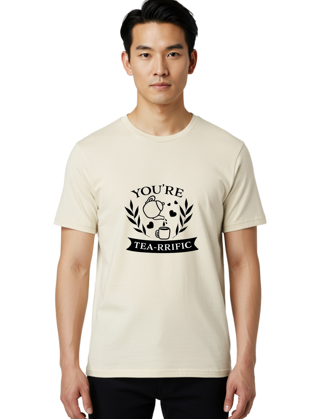 You-Re-Tea-Rrific Men'S Graphic Tee, 100% Cotton, Comfortable Casual Summer Wear, Machine Washable, Tea-Rific, Tea Lover, Punny Design, Heartwarming Message, Tea Time, Teapot, Hearts, Laurel Wreath Aad348