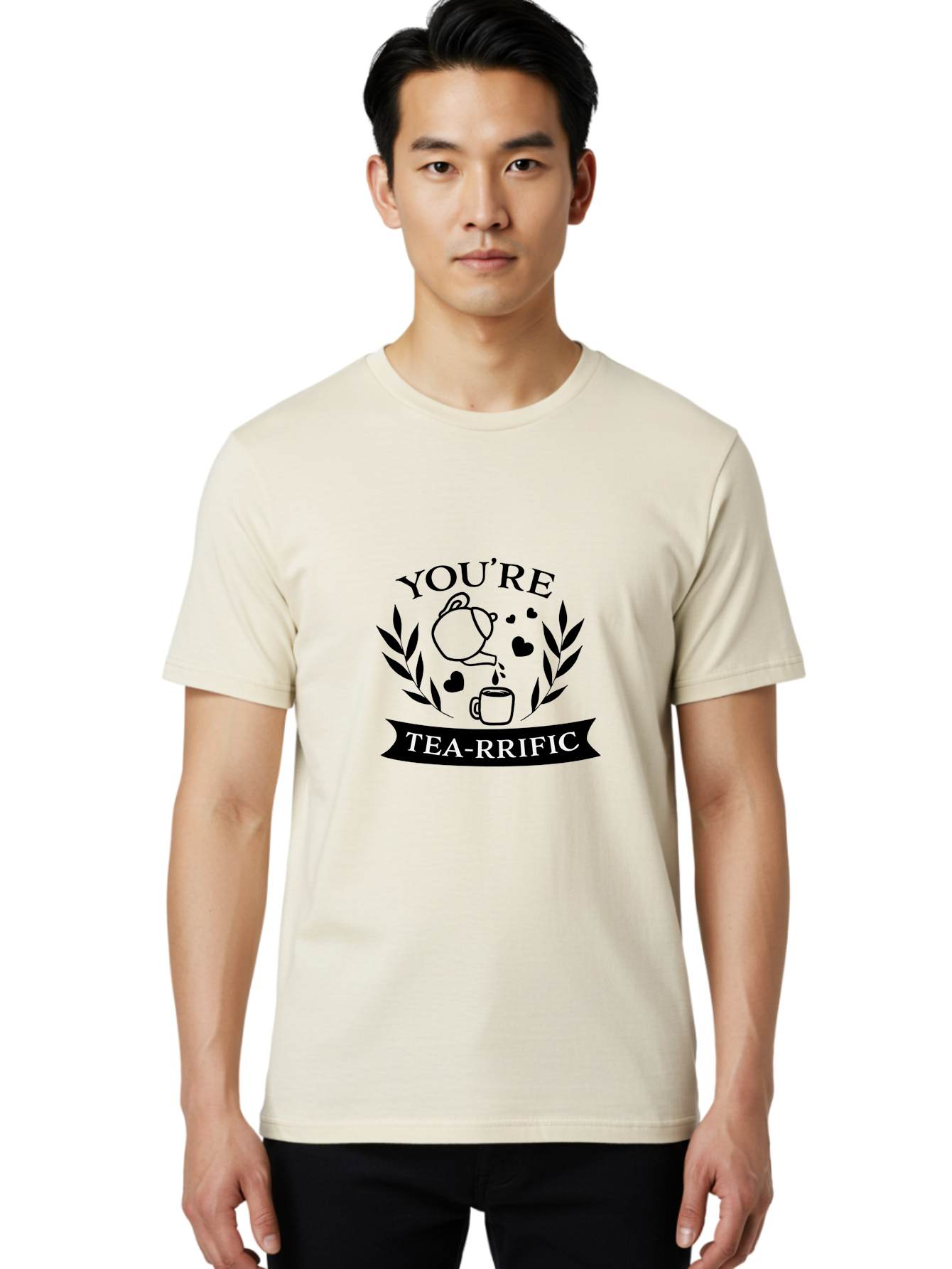 You-Re-Tea-Rrific Men'S Graphic Tee, 100% Cotton, Comfortable Casual Summer Wear, Machine Washable, Tea-Rific, Tea Lover, Punny Design, Heartwarming Message, Tea Time, Teapot, Hearts, Laurel Wreath Aad348