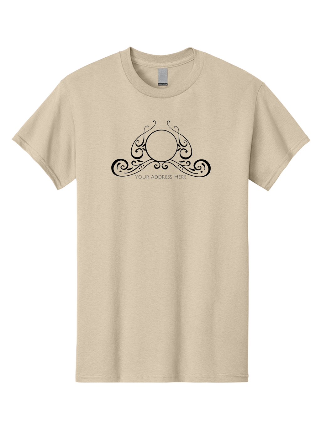 Your-Address-Here Men'S Graphic Tee, 100% Cotton, Comfortable Casual Summer Wear, Machine Washable, Floral Design, Swirling Patterns, Black Ornaments, Circular Frame, Decorative Elements, Elegant Typography, Vintage Style, Aad351