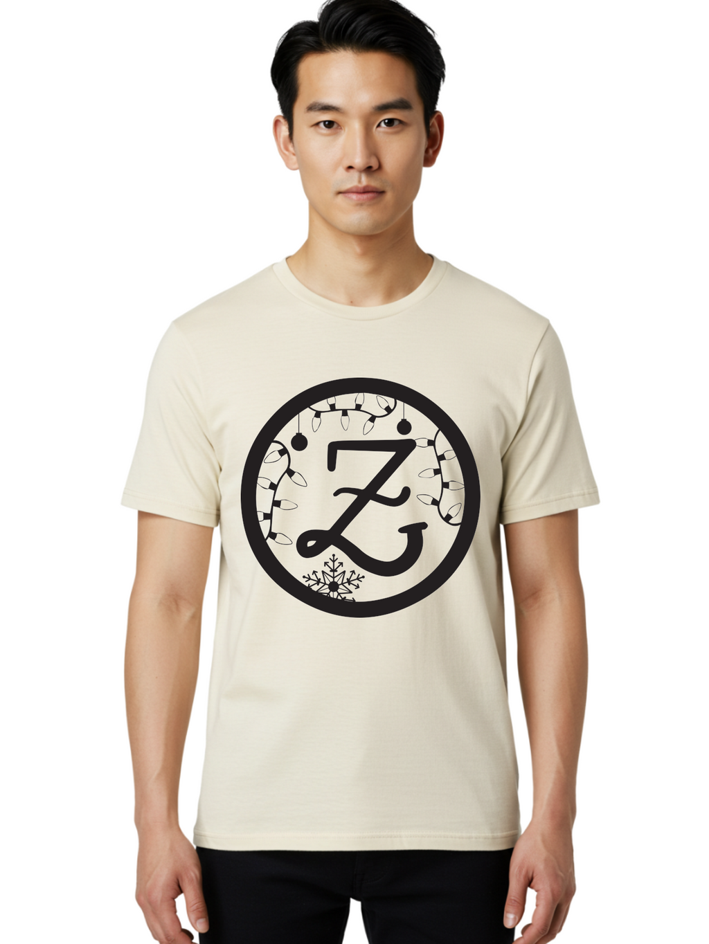Z Men'S Graphic Tee, 100% Cotton, Comfortable Casual Summer Wear, Machine Washable, Christmas Lights, Holiday Decorations, Festive Atmosphere, Snowflake, Winter Wonderland, Seasonal Greetings, Letter Z, Decorative Typography Aad353