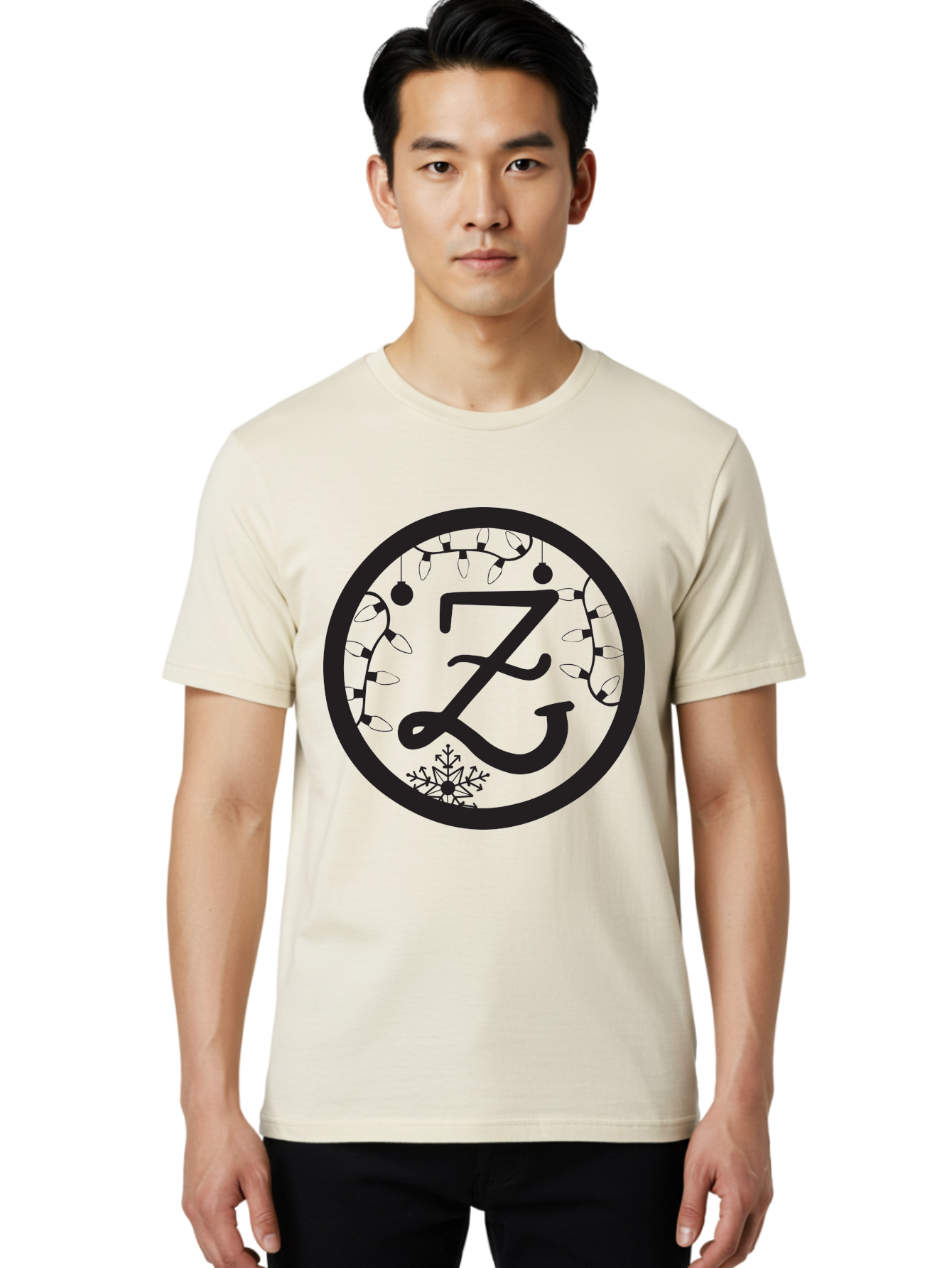 Z Men'S Graphic Tee, 100% Cotton, Comfortable Casual Summer Wear, Machine Washable, Christmas Lights, Holiday Decorations, Festive Atmosphere, Snowflake, Winter Wonderland, Seasonal Greetings, Letter Z, Decorative Typography Aad353