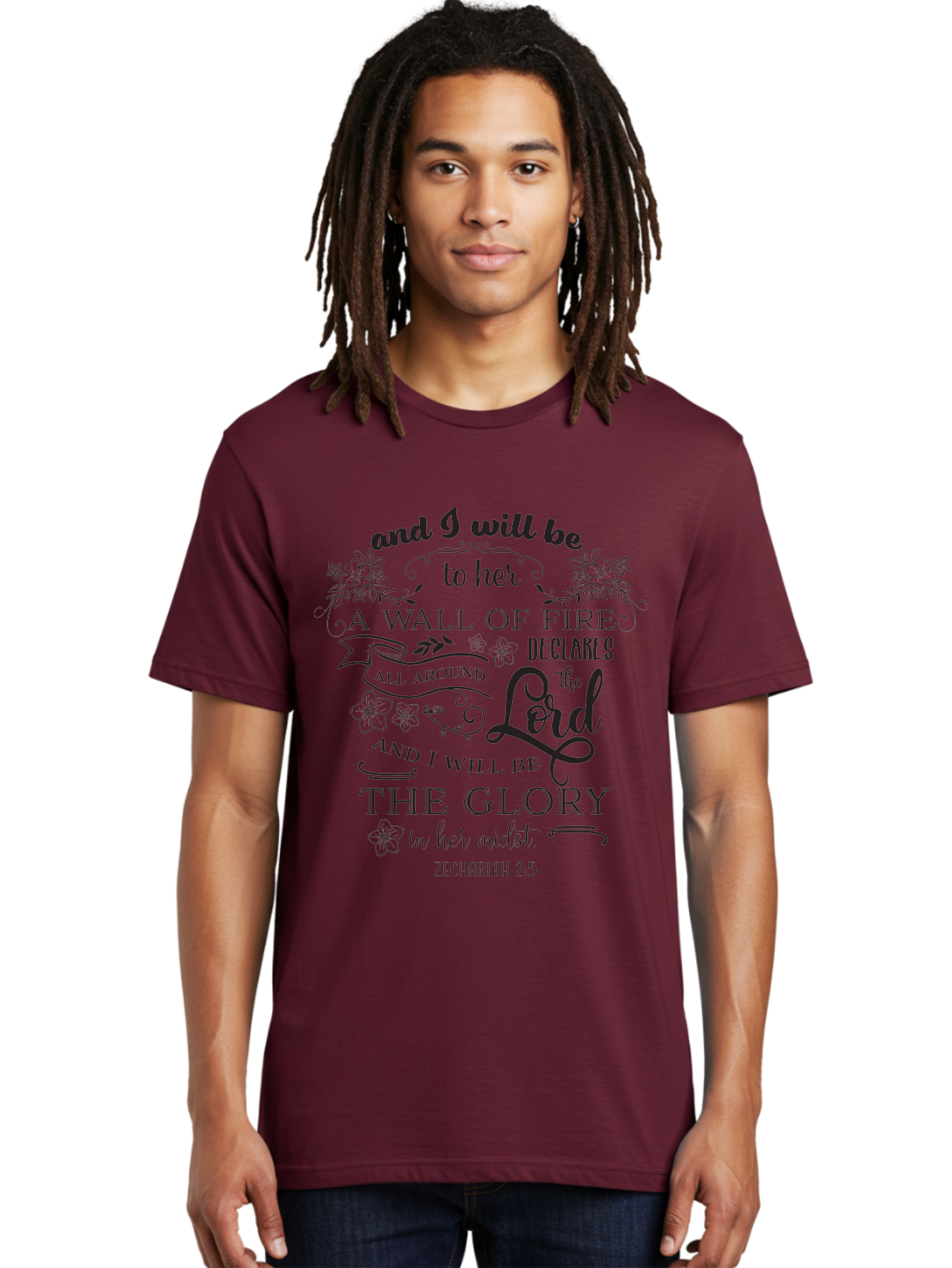 Zechariah-2-5 Men'S Graphic Tee, 100% Cotton, Comfortable Casual Summer Wear, Machine Washable, Inspirational Quote, Zechariah 2:5, Wall Of Fire, Divine Protection, God'S Glory, Scripture Art, Floral Designs, Faith-Based Graphics, Aad354