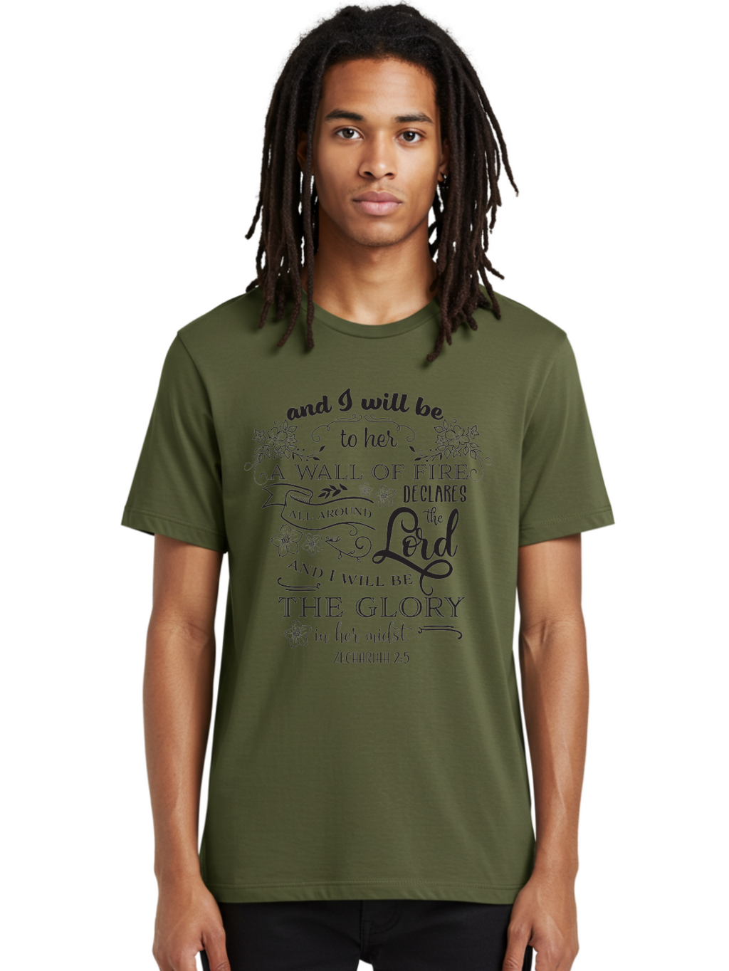 Zechariah-2-5 Men'S Graphic Tee, 100% Cotton, Comfortable Casual Summer Wear, Machine Washable, Inspirational Quote, Zechariah 2:5, Wall Of Fire, Divine Protection, God'S Glory, Scripture Art, Floral Designs, Faith-Based Graphics, Aad354