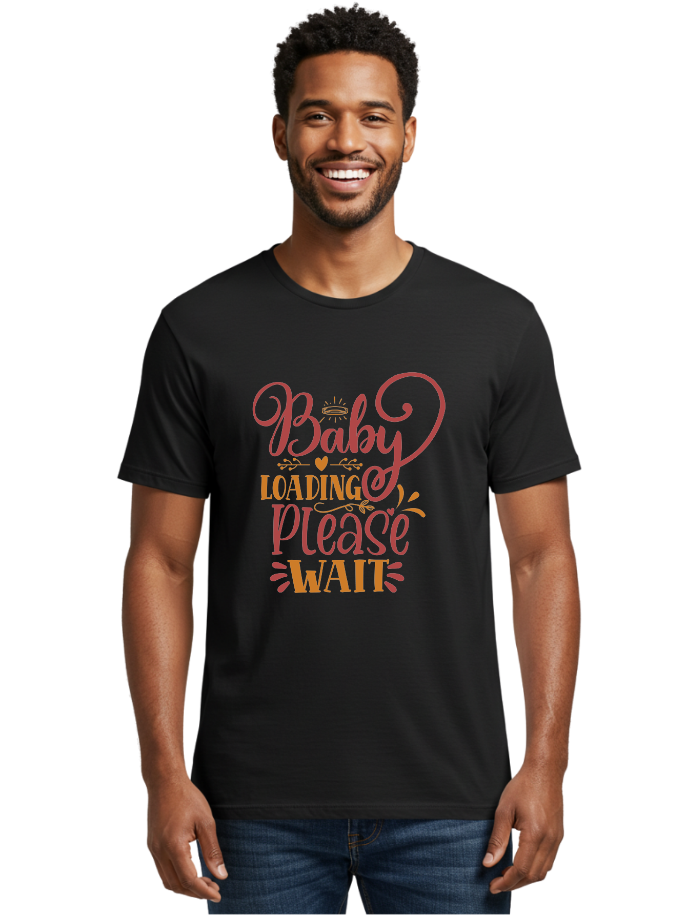Baby-Loading-Please-Wait Men'S Graphic Tee, 100% Cotton, Comfortable Casual Summer Wear, Machine Washable, Baby Loading, Please Wait, Digital Art, Pregnancy Announcement, Pink Text, Whimsical Design, Orange Accents, Gender Reveal, Aad358