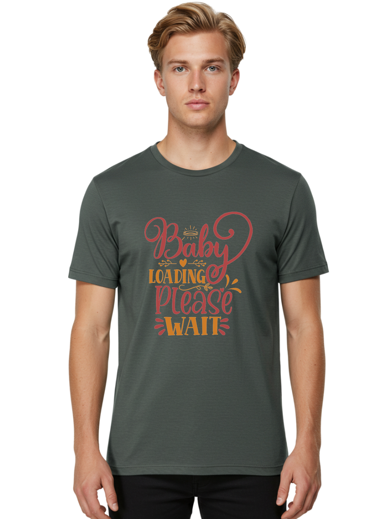 Baby-Loading-Please-Wait Men'S Graphic Tee, 100% Cotton, Comfortable Casual Summer Wear, Machine Washable, Baby Loading, Please Wait, Digital Art, Pregnancy Announcement, Pink Text, Whimsical Design, Orange Accents, Gender Reveal, Aad358