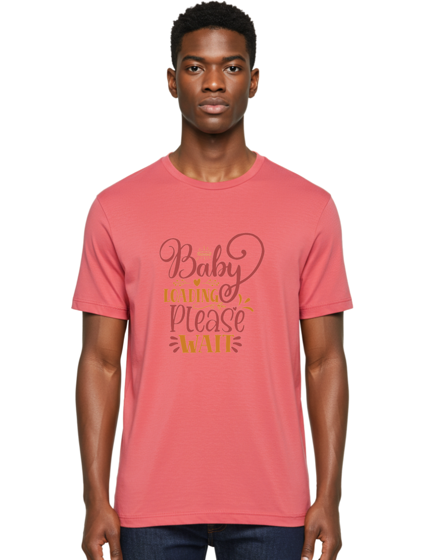 Baby-Loading-Please-Wait Men'S Graphic Tee, 100% Cotton, Comfortable Casual Summer Wear, Machine Washable, Baby Loading, Please Wait, Digital Art, Pregnancy Announcement, Pink Text, Whimsical Design, Orange Accents, Gender Reveal, Aad358