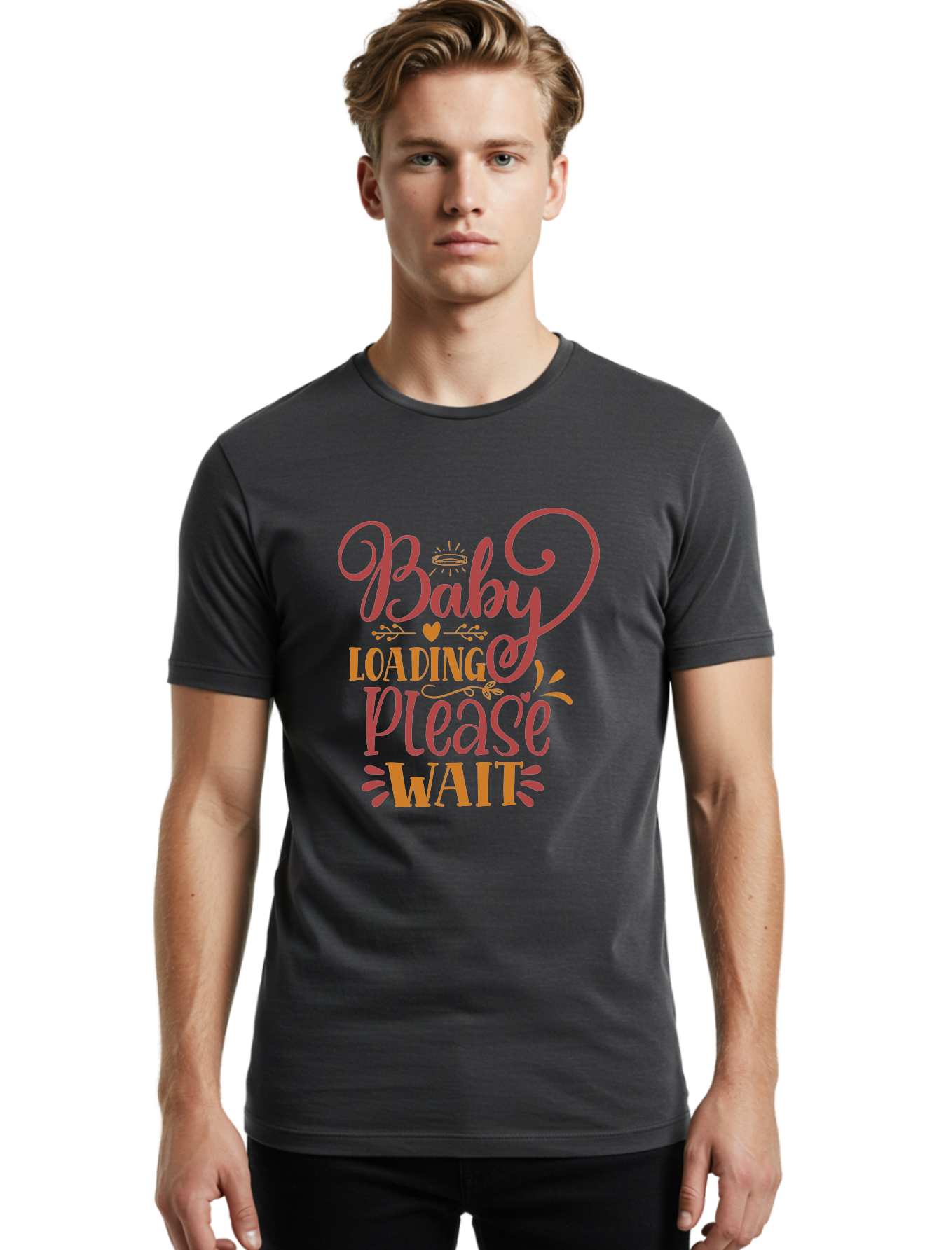 Baby-Loading-Please-Wait Men'S Graphic Tee, 100% Cotton, Comfortable Casual Summer Wear, Machine Washable, Baby Loading, Please Wait, Digital Art, Pregnancy Announcement, Pink Text, Whimsical Design, Orange Accents, Gender Reveal, Aad358