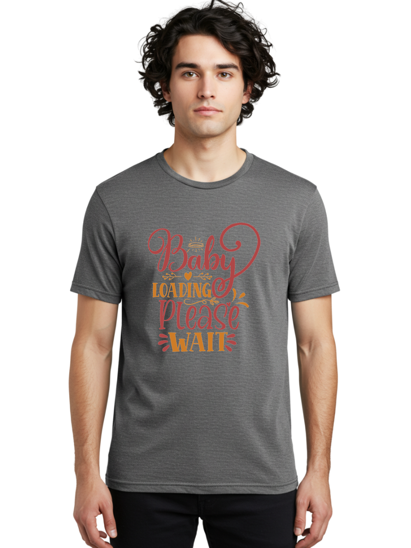 Baby-Loading-Please-Wait Men'S Graphic Tee, 100% Cotton, Comfortable Casual Summer Wear, Machine Washable, Baby Loading, Please Wait, Digital Art, Pregnancy Announcement, Pink Text, Whimsical Design, Orange Accents, Gender Reveal, Aad358