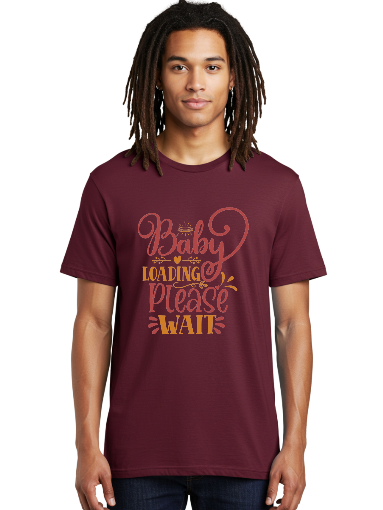 Baby-Loading-Please-Wait Men'S Graphic Tee, 100% Cotton, Comfortable Casual Summer Wear, Machine Washable, Baby Loading, Please Wait, Digital Art, Pregnancy Announcement, Pink Text, Whimsical Design, Orange Accents, Gender Reveal, Aad358