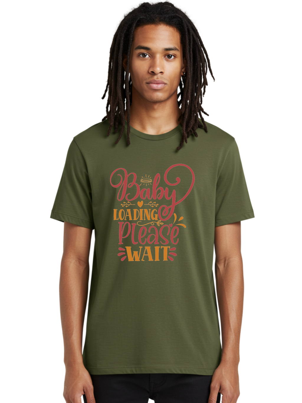 Baby-Loading-Please-Wait Men'S Graphic Tee, 100% Cotton, Comfortable Casual Summer Wear, Machine Washable, Baby Loading, Please Wait, Digital Art, Pregnancy Announcement, Pink Text, Whimsical Design, Orange Accents, Gender Reveal, Aad358