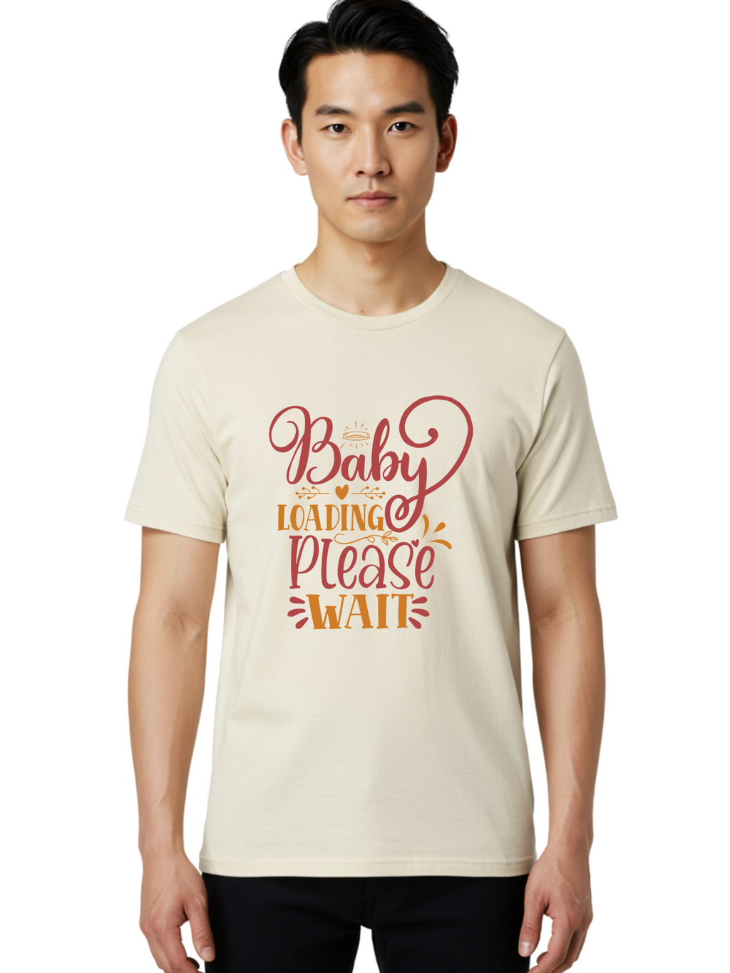 Baby-Loading-Please-Wait Men'S Graphic Tee, 100% Cotton, Comfortable Casual Summer Wear, Machine Washable, Baby Loading, Please Wait, Digital Art, Pregnancy Announcement, Pink Text, Whimsical Design, Orange Accents, Gender Reveal, Aad358