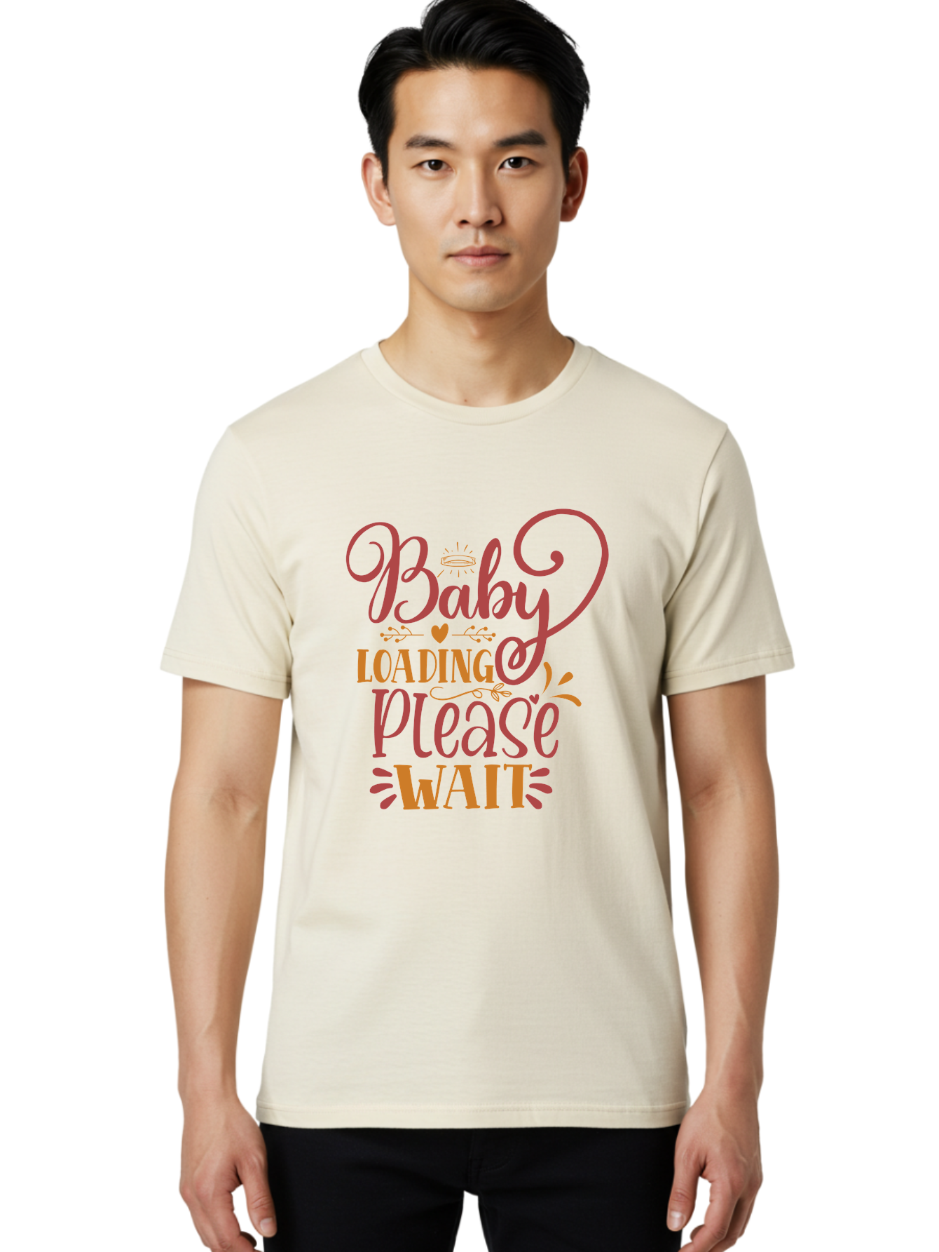 Baby-Loading-Please-Wait Men'S Graphic Tee, 100% Cotton, Comfortable Casual Summer Wear, Machine Washable, Baby Loading, Please Wait, Digital Art, Pregnancy Announcement, Pink Text, Whimsical Design, Orange Accents, Gender Reveal, Aad358