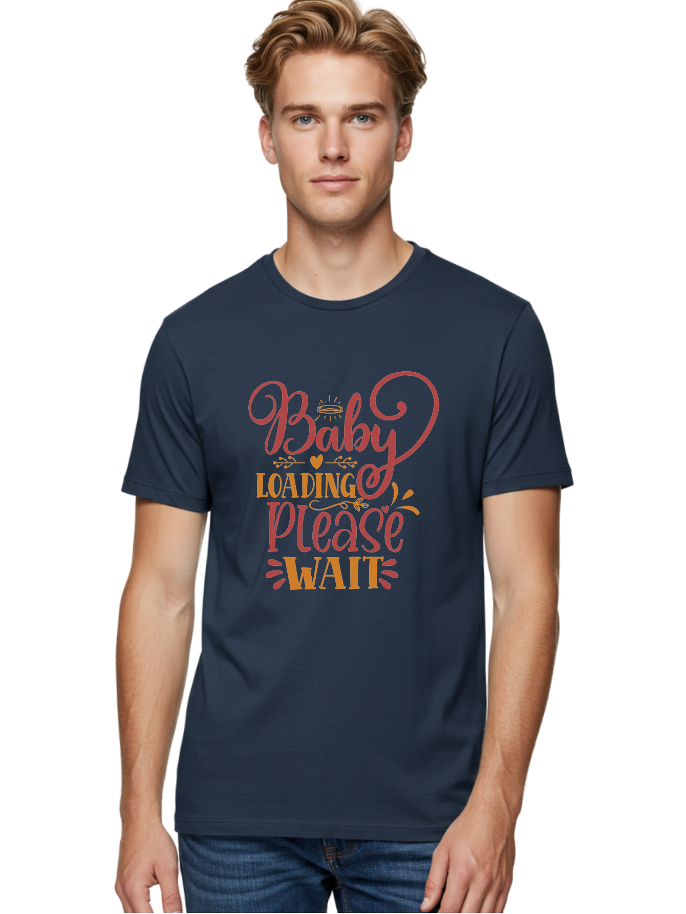 Baby-Loading-Please-Wait Men'S Graphic Tee, 100% Cotton, Comfortable Casual Summer Wear, Machine Washable, Baby Loading, Please Wait, Digital Art, Pregnancy Announcement, Pink Text, Whimsical Design, Orange Accents, Gender Reveal, Aad358