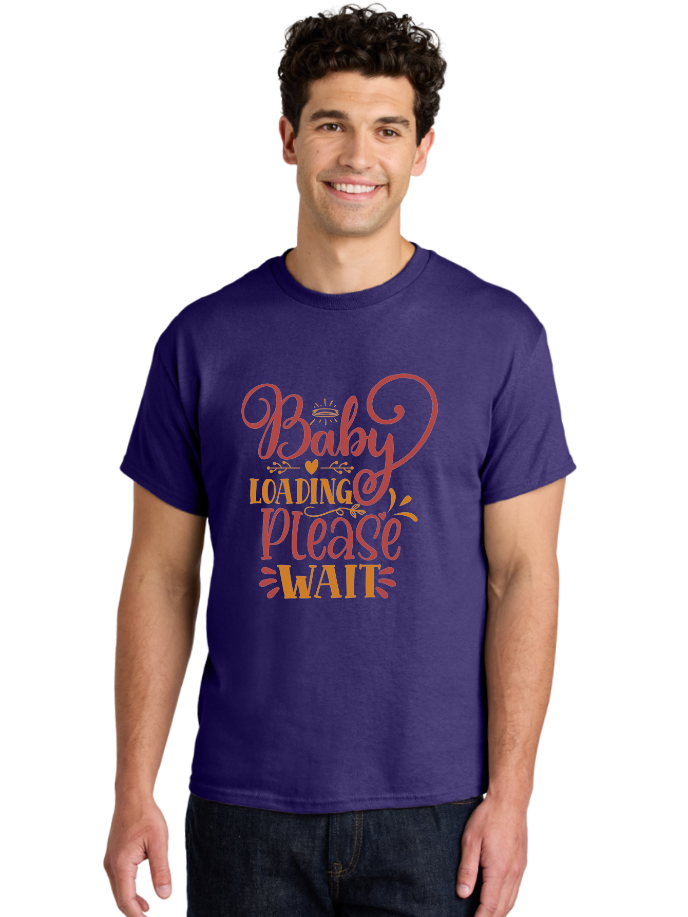 Baby-Loading-Please-Wait Men'S Graphic Tee, 100% Cotton, Comfortable Casual Summer Wear, Machine Washable, Baby Loading, Please Wait, Digital Art, Pregnancy Announcement, Pink Text, Whimsical Design, Orange Accents, Gender Reveal, Aad358