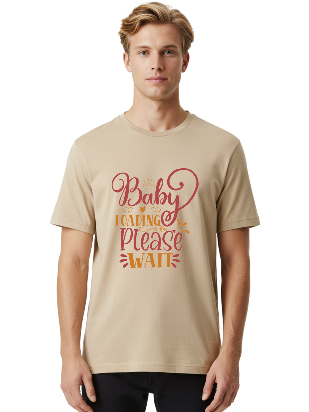 Baby-Loading-Please-Wait Men'S Graphic Tee, 100% Cotton, Comfortable Casual Summer Wear, Machine Washable, Baby Loading, Please Wait, Digital Art, Pregnancy Announcement, Pink Text, Whimsical Design, Orange Accents, Gender Reveal, Aad358