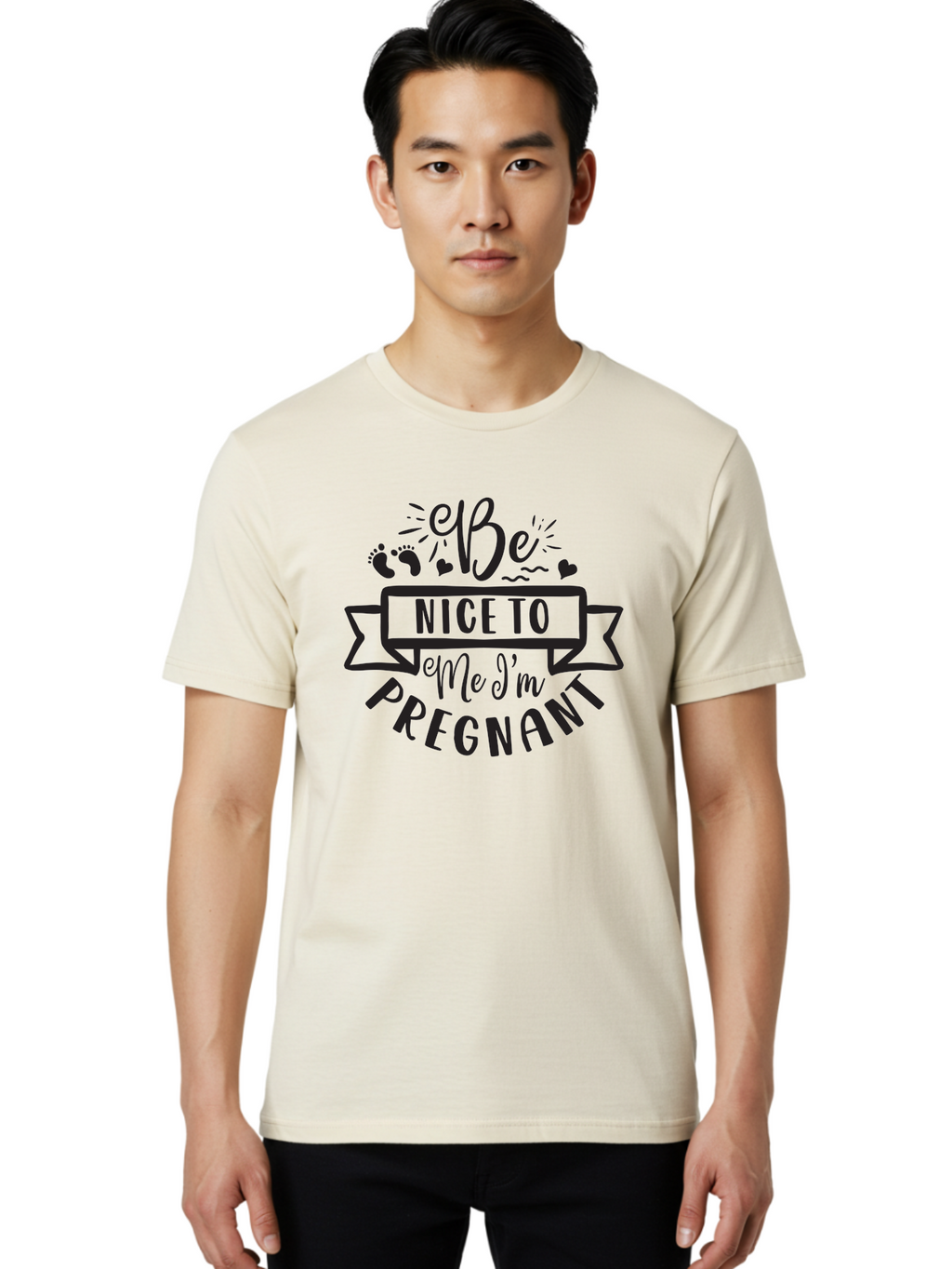 Be-Nice-To-Me-I-M-Pregnant Men'S Graphic Tee, 100% Cotton, Comfortable Casual Summer Wear, Machine Washable, Pregnancy Announcement, Cute Baby Bump, Expecting Mother, Baby On Board, Pregnancy Reveal, Baby Feet, Heartwarming Message, Aad361