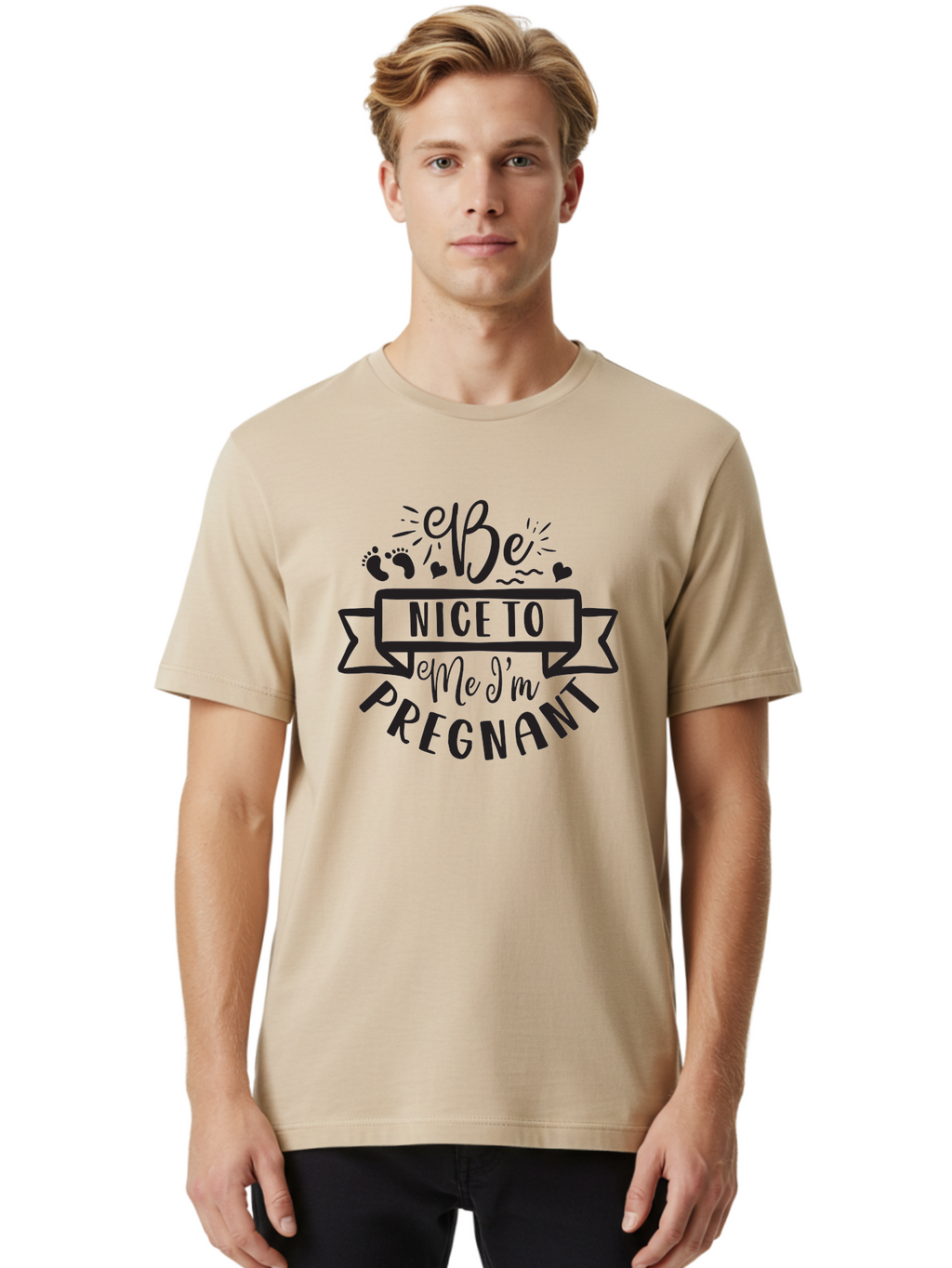 Be-Nice-To-Me-I-M-Pregnant Men'S Graphic Tee, 100% Cotton, Comfortable Casual Summer Wear, Machine Washable, Pregnancy Announcement, Cute Baby Bump, Expecting Mother, Baby On Board, Pregnancy Reveal, Baby Feet, Heartwarming Message, Aad361