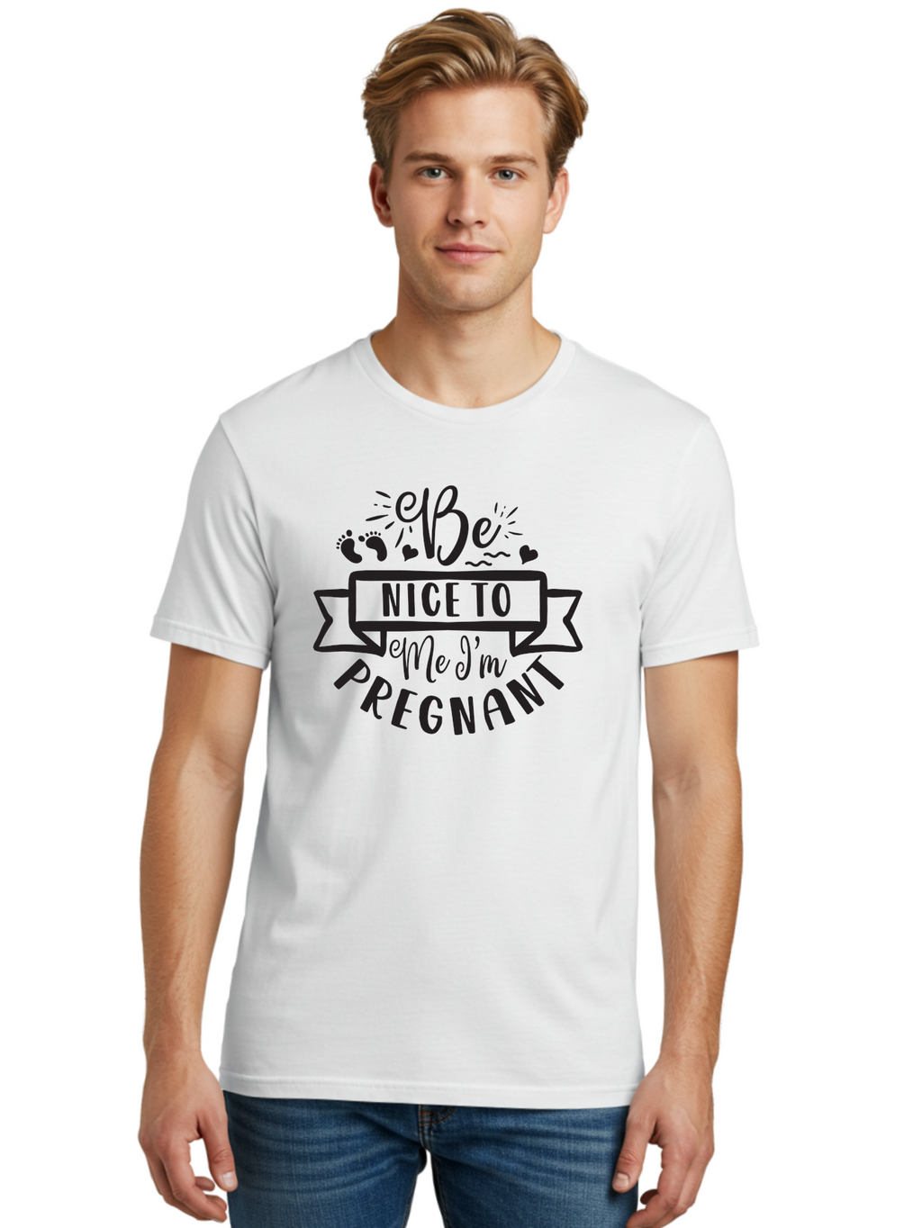 Be-Nice-To-Me-I-M-Pregnant Men'S Graphic Tee, 100% Cotton, Comfortable Casual Summer Wear, Machine Washable, Pregnancy Announcement, Cute Baby Bump, Expecting Mother, Baby On Board, Pregnancy Reveal, Baby Feet, Heartwarming Message, Aad361