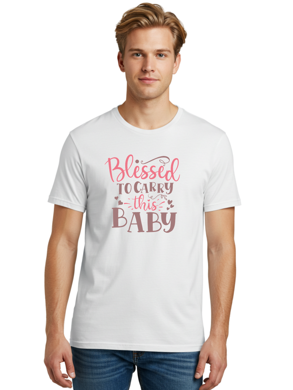 Blessed-To-Carry-This-Baby Men'S Graphic Tee, 100% Cotton, Comfortable Casual Summer Wear, Machine Washable, Pregnancy Quote, Baby Blessing, Expectant Mother, Pink Font, Inspirational Message, Baby Shower Gift, Maternity Message Aad366