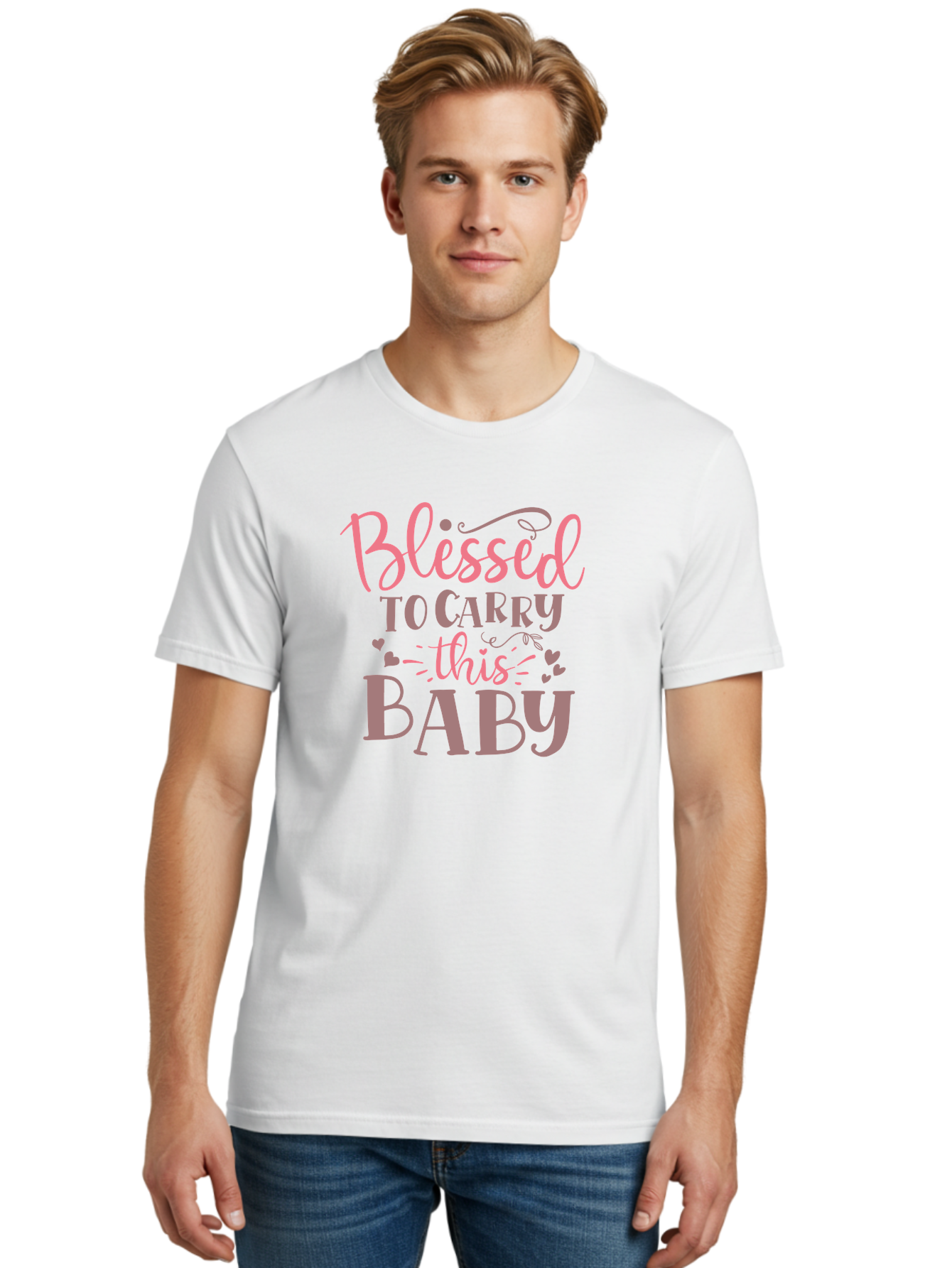 Blessed-To-Carry-This-Baby Men'S Graphic Tee, 100% Cotton, Comfortable Casual Summer Wear, Machine Washable, Pregnancy Quote, Baby Blessing, Expectant Mother, Pink Font, Inspirational Message, Baby Shower Gift, Maternity Message Aad366