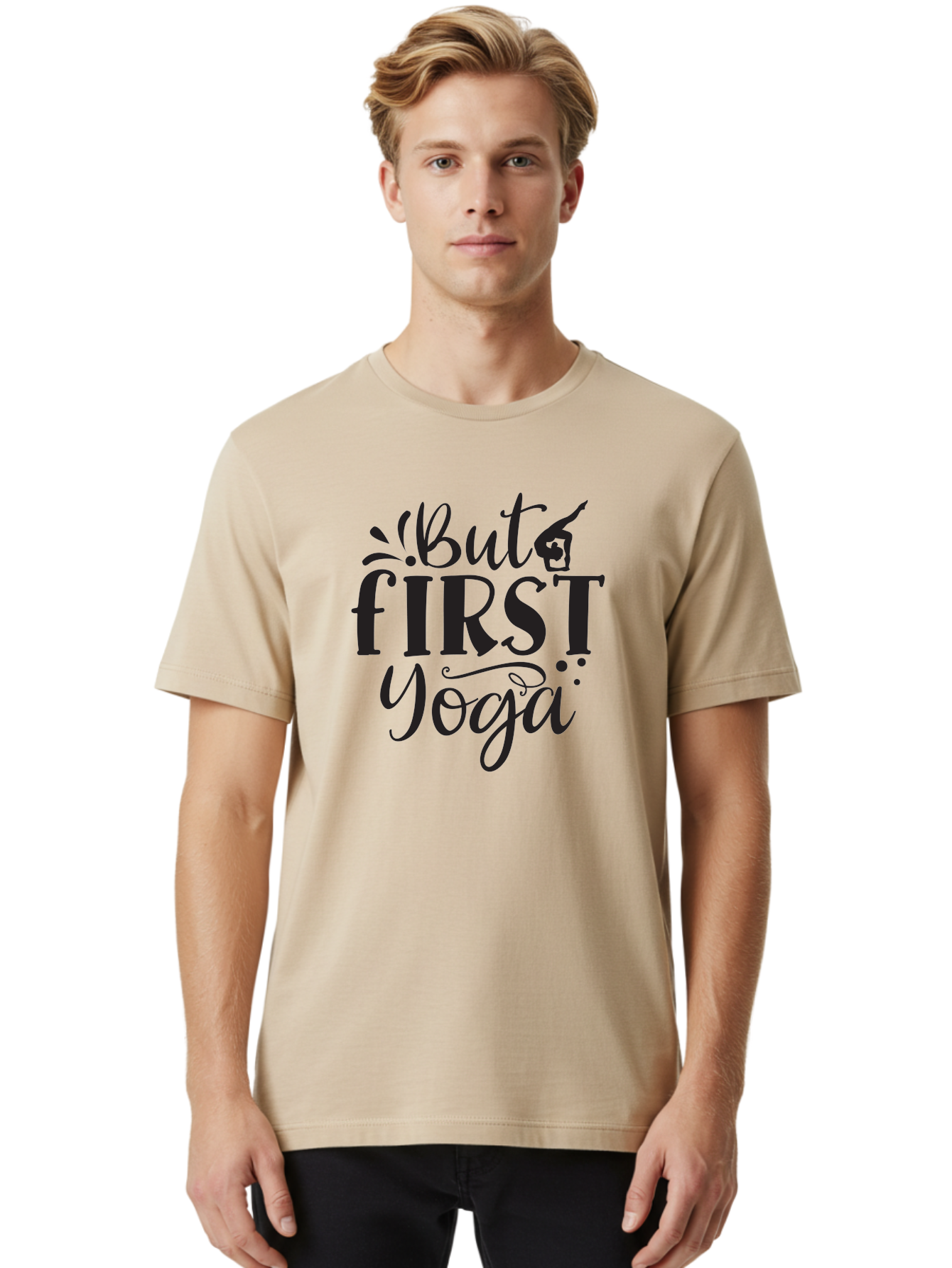 But-First-Yoga Men'S Graphic Tee, 100% Cotton, Comfortable Casual Summer Wear, Machine Washable, Yoga Inspiration, Mindfulness, Wellness Quotes, Motivational Phrases, Yoga Love, Fitness Motivation, Healthy Lifestyle Aad368