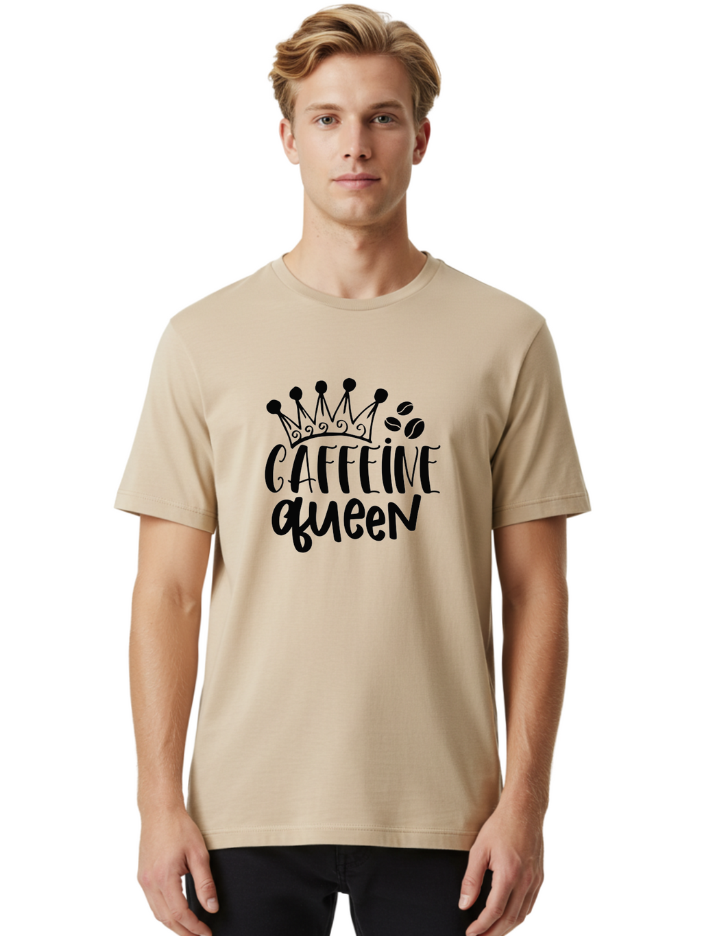 Caffeine-Queen Men'S Graphic Tee, 100% Cotton, Comfortable Casual Summer Wear, Machine Washable, Coffee Lover, Coffee Beans, Crown Icon, Royal Treatment, Coffee Culture, Caffeine Fix, Morning Motivation, Coffee Addiction, Coffee Obsession Aad369