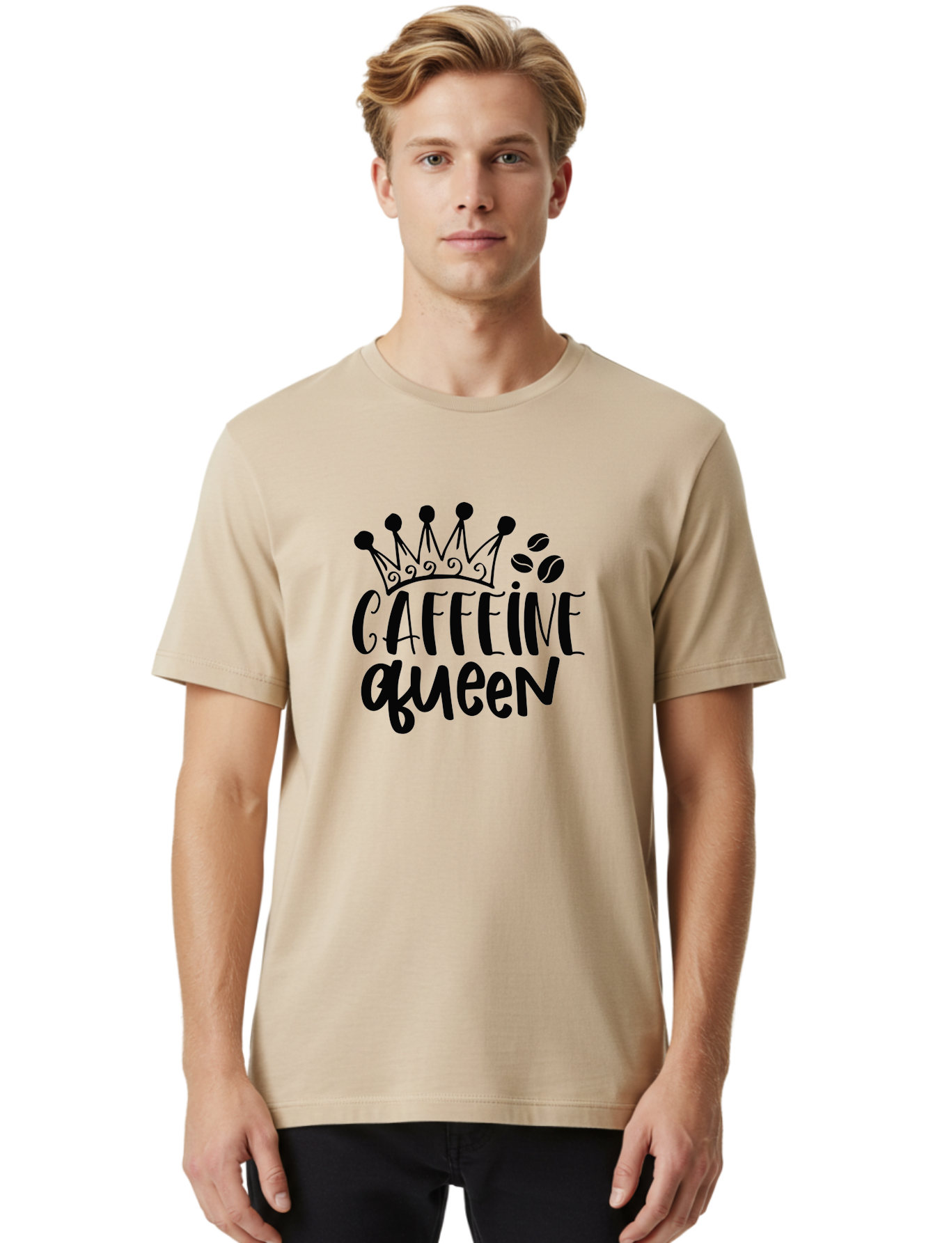 Caffeine-Queen Men'S Graphic Tee, 100% Cotton, Comfortable Casual Summer Wear, Machine Washable, Coffee Lover, Coffee Beans, Crown Icon, Royal Treatment, Coffee Culture, Caffeine Fix, Morning Motivation, Coffee Addiction, Coffee Obsession Aad369