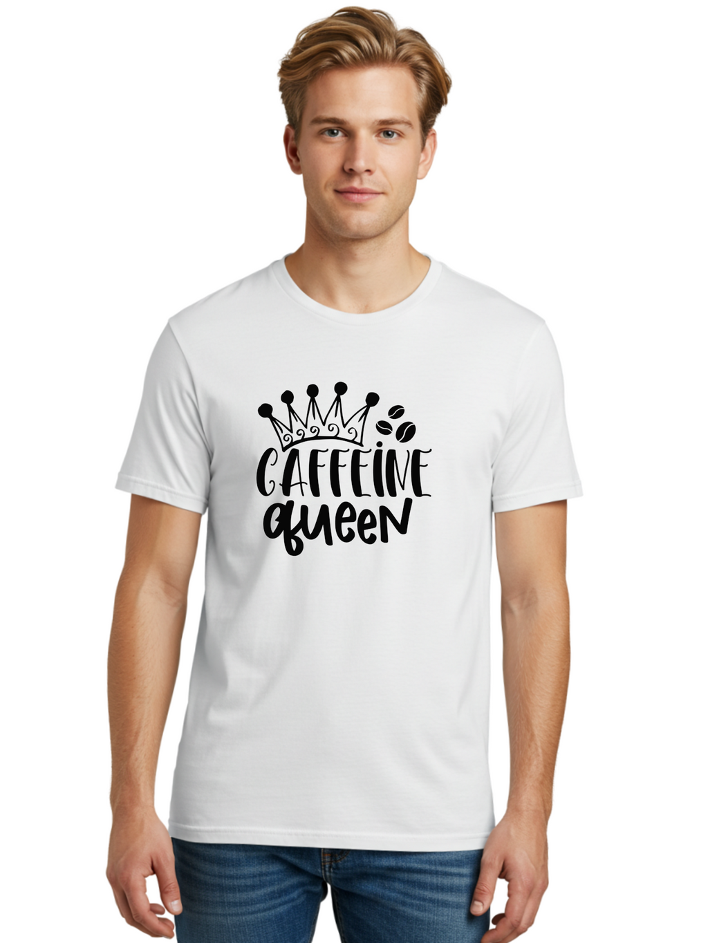 Caffeine-Queen Men'S Graphic Tee, 100% Cotton, Comfortable Casual Summer Wear, Machine Washable, Coffee Lover, Coffee Beans, Crown Icon, Royal Treatment, Coffee Culture, Caffeine Fix, Morning Motivation, Coffee Addiction, Coffee Obsession Aad369
