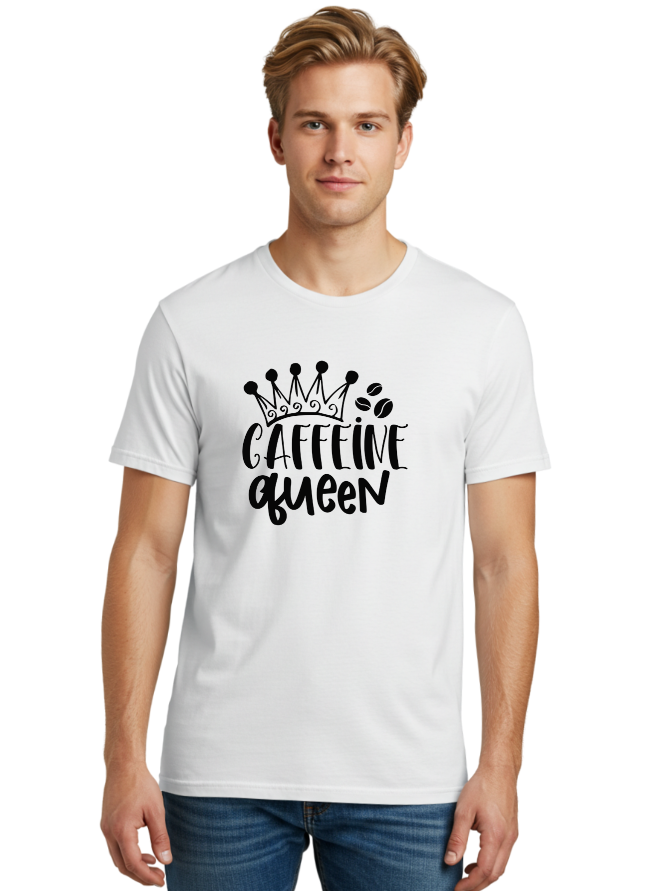 Caffeine-Queen Men'S Graphic Tee, 100% Cotton, Comfortable Casual Summer Wear, Machine Washable, Coffee Lover, Coffee Beans, Crown Icon, Royal Treatment, Coffee Culture, Caffeine Fix, Morning Motivation, Coffee Addiction, Coffee Obsession Aad369