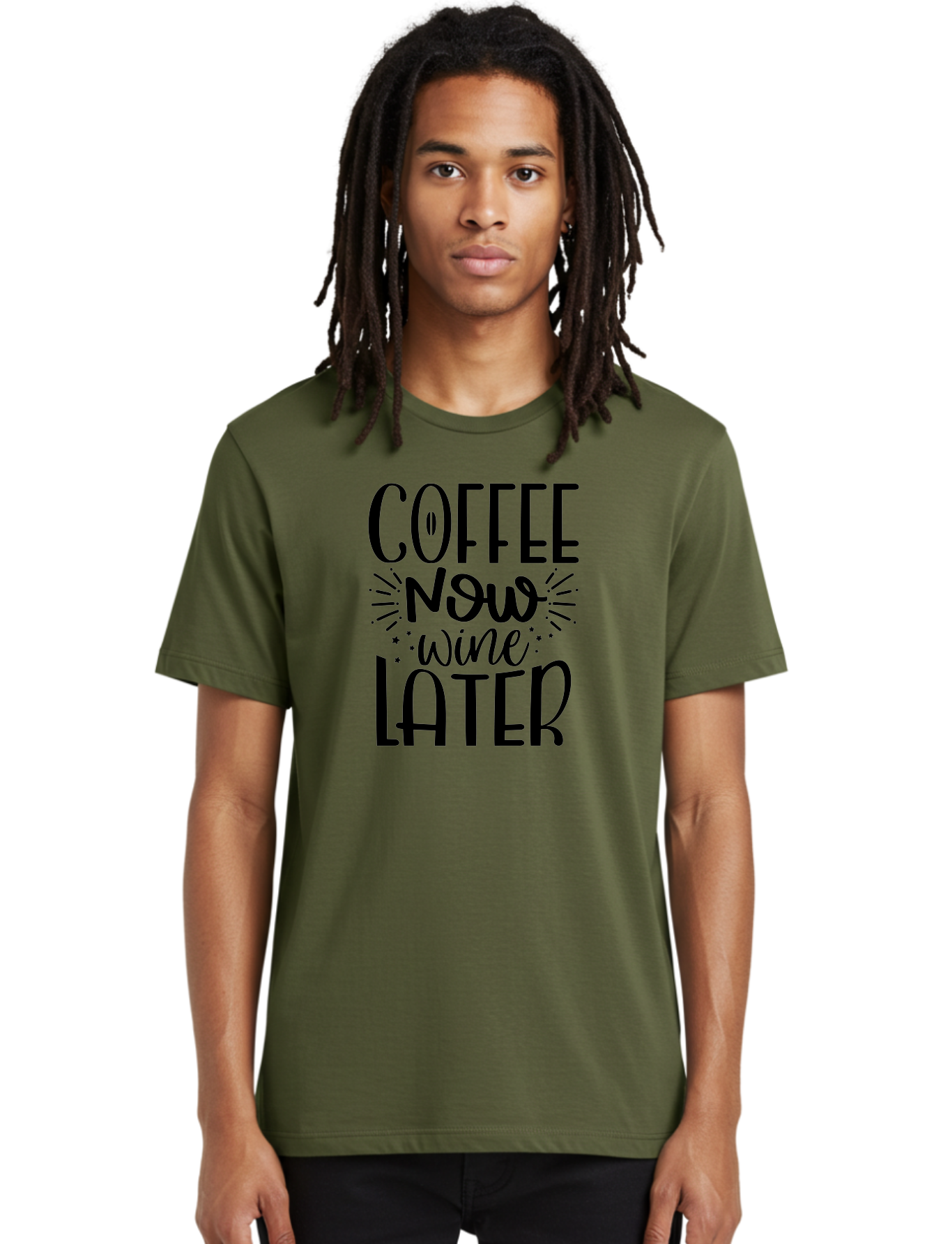 Coffee-Now-Wine-Later Men'S Graphic Tee, 100% Cotton, Comfortable Casual Summer Wear, Machine Washable, Coffee And Wine Quote, Coffee Lover, Wine Enthusiast, Motivational Phrase, Fun Design, Coffee Now Wine Later, Typography Art, Aad374