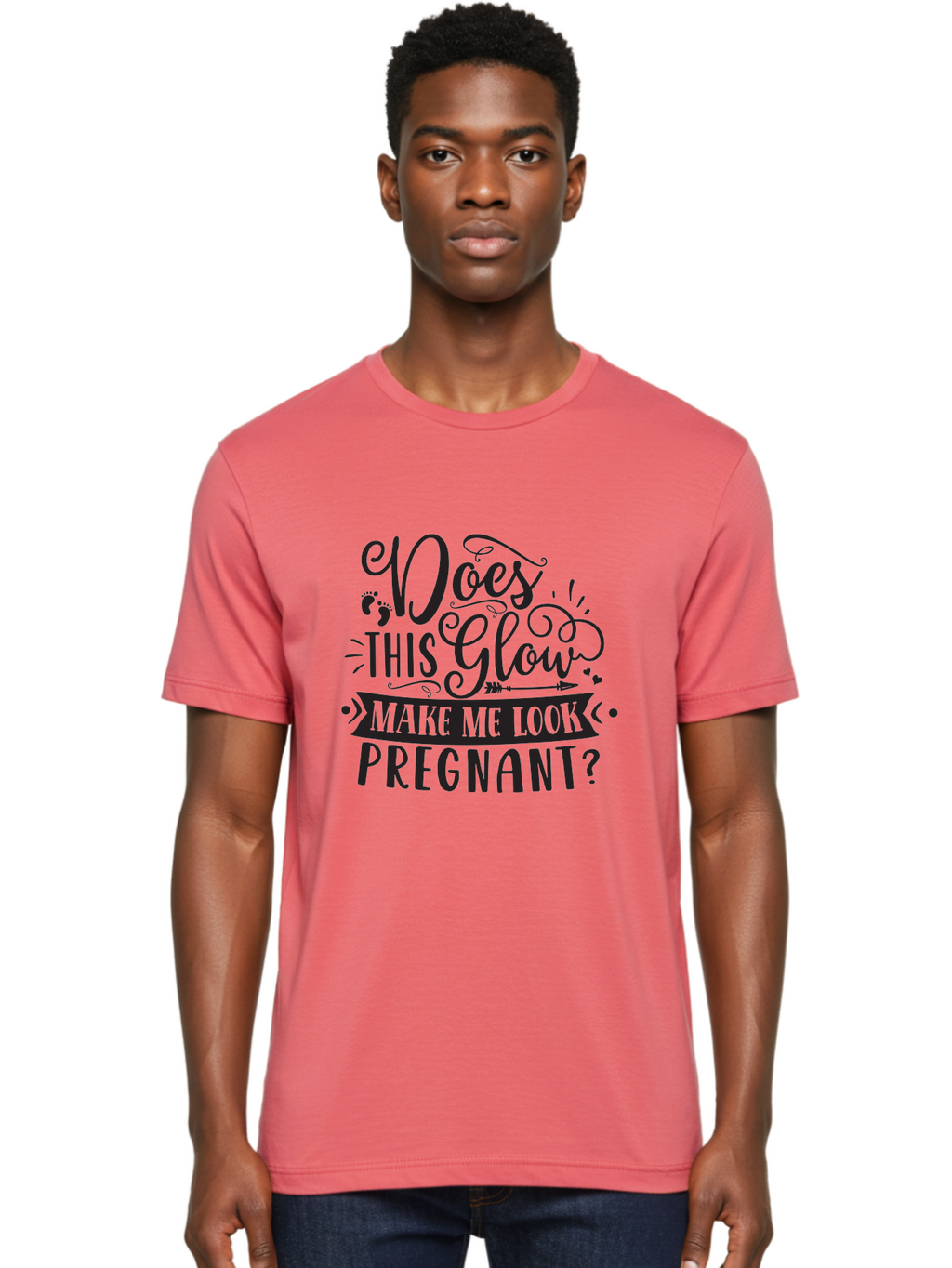Does-This-Glow-Make-Me-Look-Pregnant Men'S Graphic Tee, 100% Cotton, Comfortable Casual Summer Wear, Machine Washable, Funny Pregnancy Quote, Humorous Saying, Whimsical Typography, Pregnancy Glow, Cute Design, Playful Text, Baby Feet Aad382