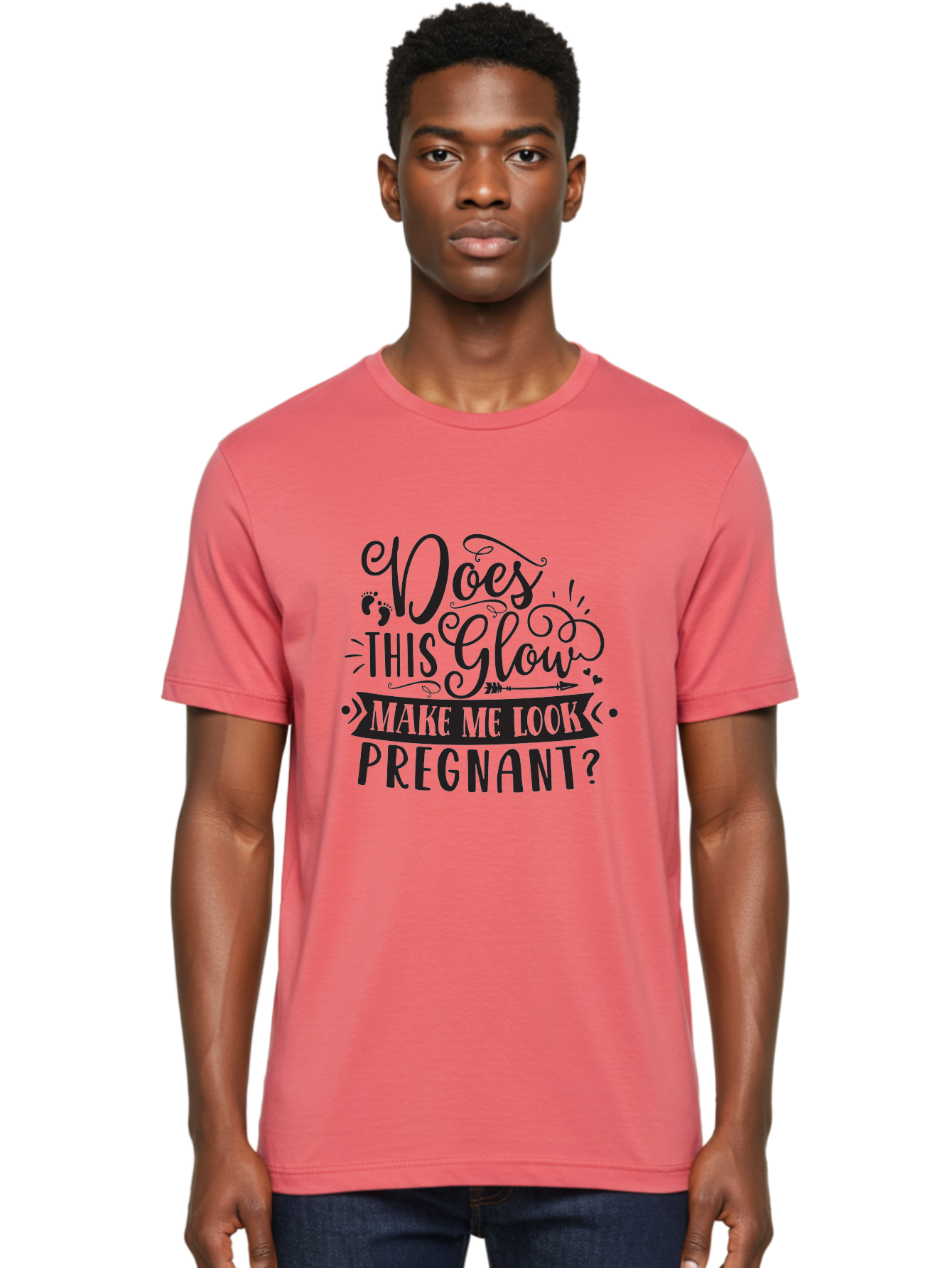 Does-This-Glow-Make-Me-Look-Pregnant Men'S Graphic Tee, 100% Cotton, Comfortable Casual Summer Wear, Machine Washable, Funny Pregnancy Quote, Humorous Saying, Whimsical Typography, Pregnancy Glow, Cute Design, Playful Text, Baby Feet Aad382