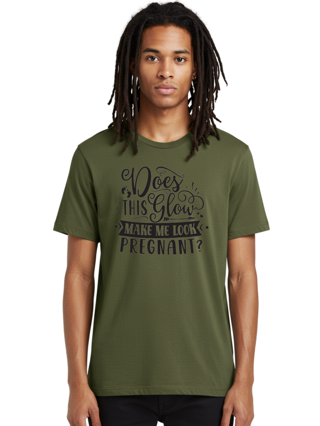 Does-This-Glow-Make-Me-Look-Pregnant Men'S Graphic Tee, 100% Cotton, Comfortable Casual Summer Wear, Machine Washable, Funny Pregnancy Quote, Humorous Saying, Whimsical Typography, Pregnancy Glow, Cute Design, Playful Text, Baby Feet Aad382
