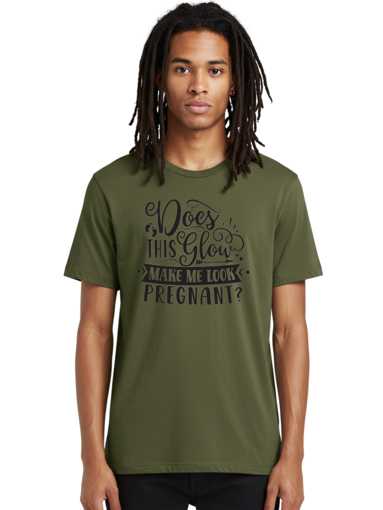 Does-This-Glow-Make-Me-Look-Pregnant Men'S Graphic Tee, 100% Cotton, Comfortable Casual Summer Wear, Machine Washable, Funny Pregnancy Quote, Humorous Saying, Whimsical Typography, Pregnancy Glow, Cute Design, Playful Text, Baby Feet Aad382