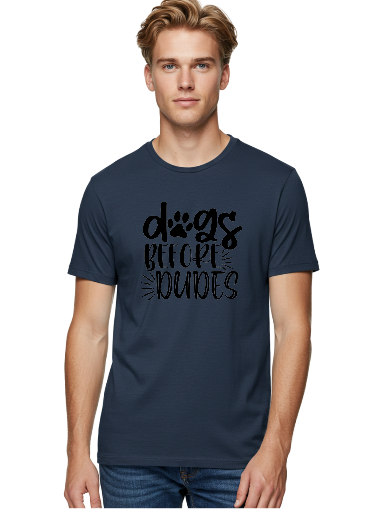 Dogs-Before-Dudes Men'S Graphic Tee, 100% Cotton, Comfortable Casual Summer Wear, Machine Washable, Funny Dog Quote, Dog Lover Gift, Dog Mom, Dog Dad, Paw Print, Humorous Text, Cute Dog Design, Dog Quotes, Funny Designs Aad388