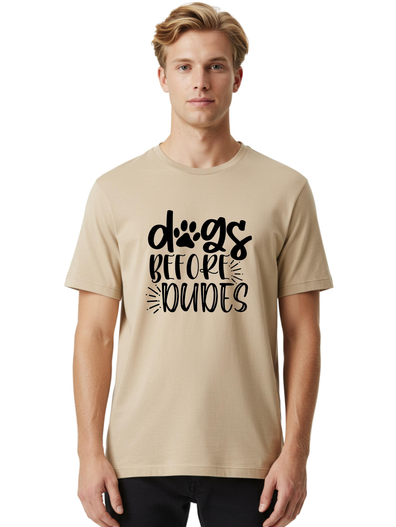Dogs-Before-Dudes Men'S Graphic Tee, 100% Cotton, Comfortable Casual Summer Wear, Machine Washable, Funny Dog Quote, Dog Lover Gift, Dog Mom, Dog Dad, Paw Print, Humorous Text, Cute Dog Design, Dog Quotes, Funny Designs Aad388