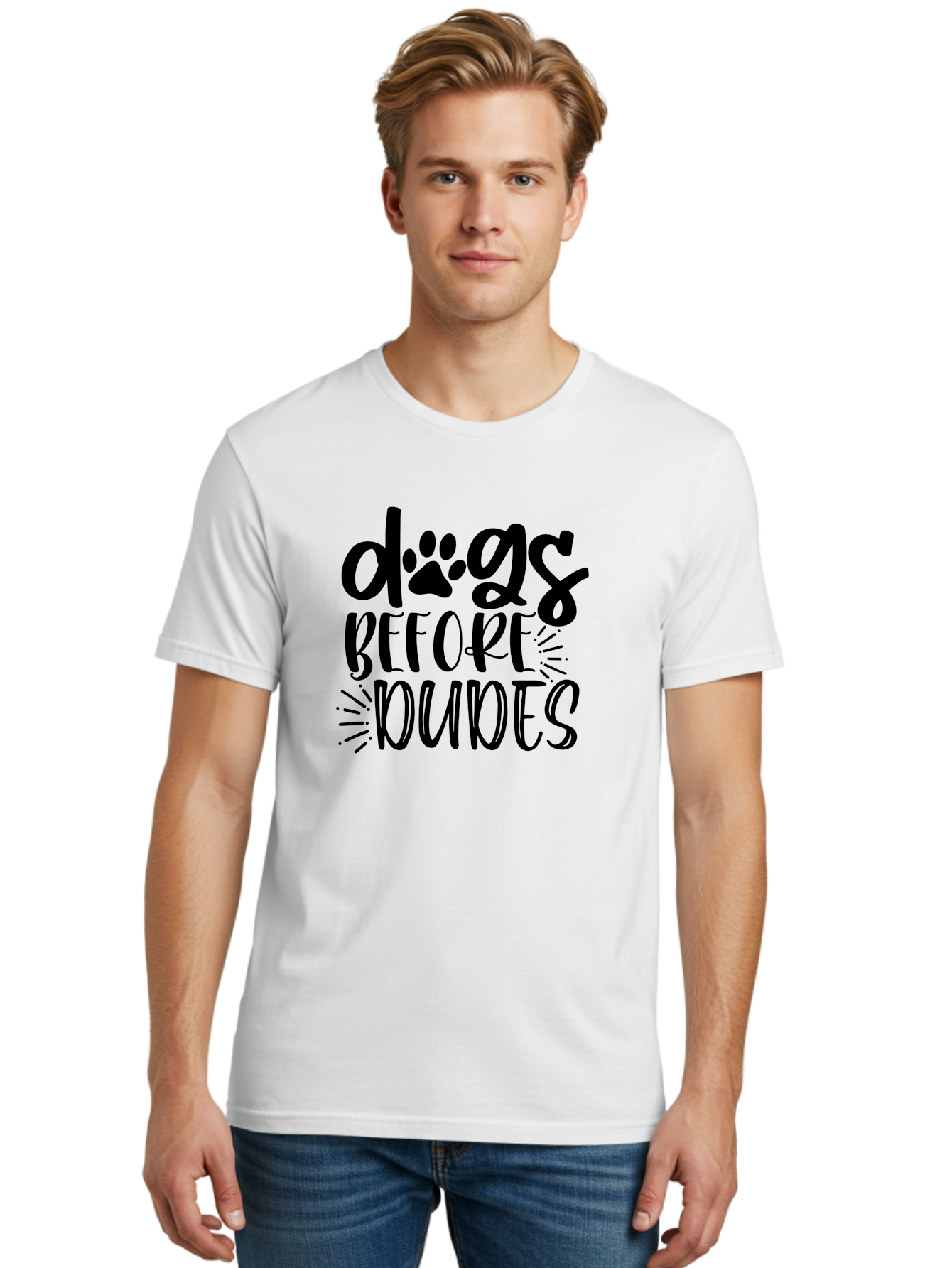 Dogs-Before-Dudes Men'S Graphic Tee, 100% Cotton, Comfortable Casual Summer Wear, Machine Washable, Funny Dog Quote, Dog Lover Gift, Dog Mom, Dog Dad, Paw Print, Humorous Text, Cute Dog Design, Dog Quotes, Funny Designs Aad388