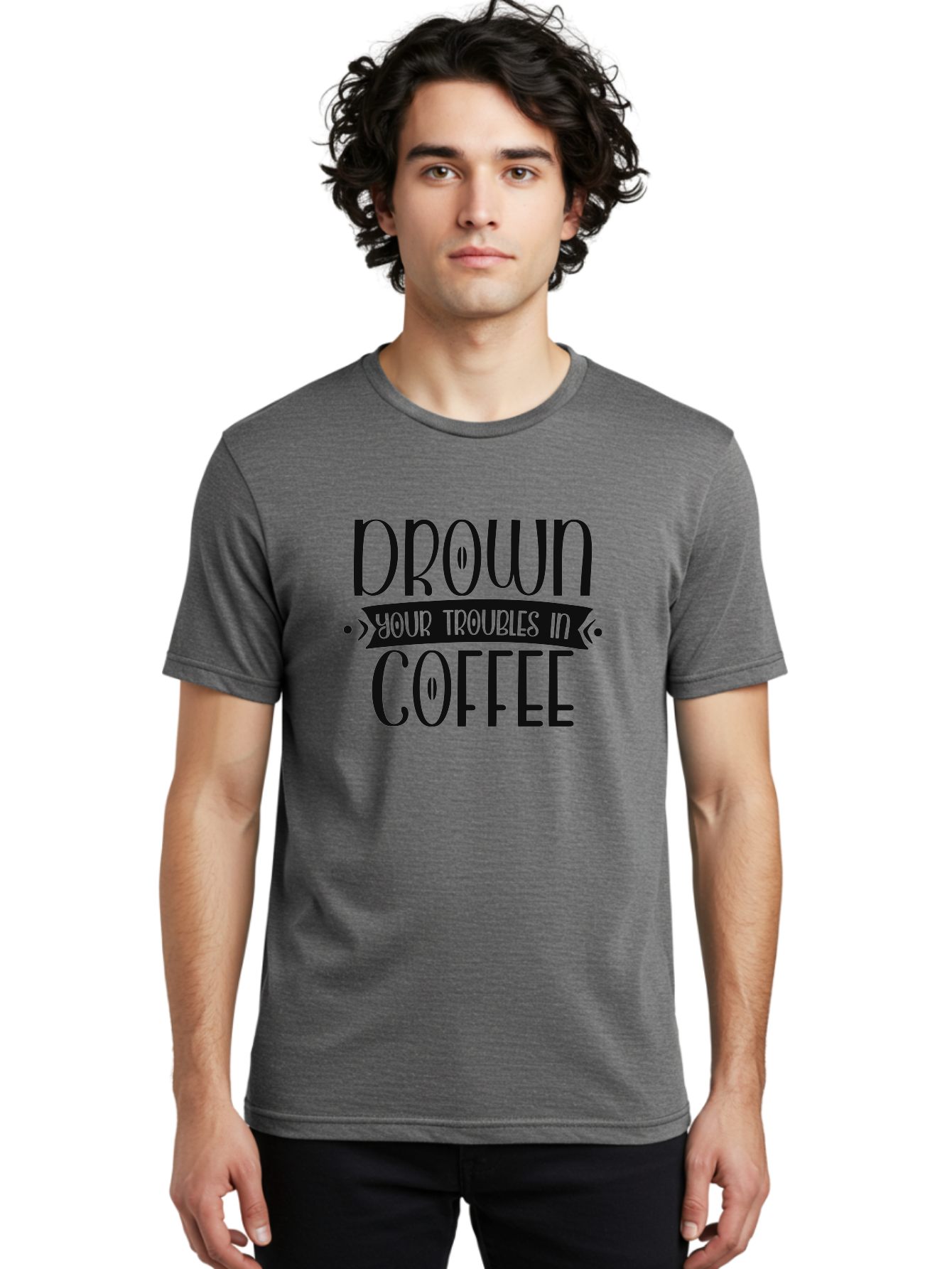 Drown-Your-Troubles-In-Coffee Men'S Graphic Tee, 100% Cotton, Comfortable Casual Summer Wear, Machine Washable, Motivational Quote, Coffee Lover, Drown Your Troubles, Coffee Quote, Morning Motivation, Positivity, Humor, Typography Aad391