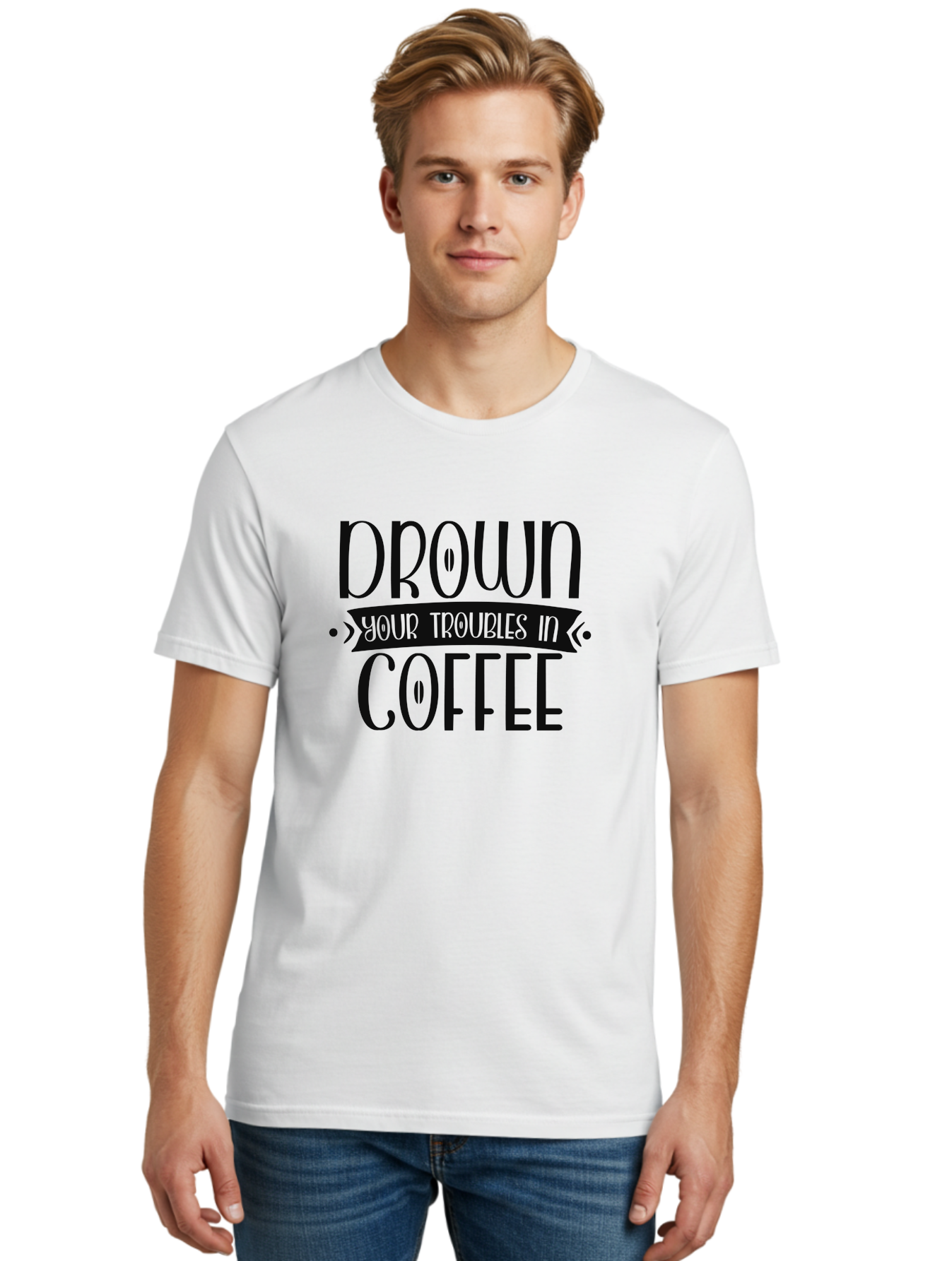 Drown-Your-Troubles-In-Coffee Men'S Graphic Tee, 100% Cotton, Comfortable Casual Summer Wear, Machine Washable, Motivational Quote, Coffee Lover, Drown Your Troubles, Coffee Quote, Morning Motivation, Positivity, Humor, Typography Aad391