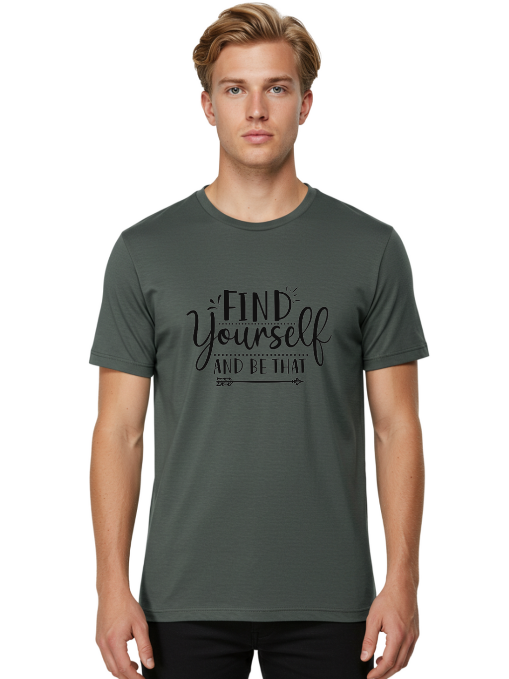 Find-Yourself-And-Be-That Men'S Graphic Tee, 100% Cotton, Comfortable Casual Summer Wear, Machine Washable, Inspirational Quote, Motivational Phrase, Self-Discovery, Empowerment, Positivity, Arrow Symbol, Bold Typography, Dotted Lines, Aad393
