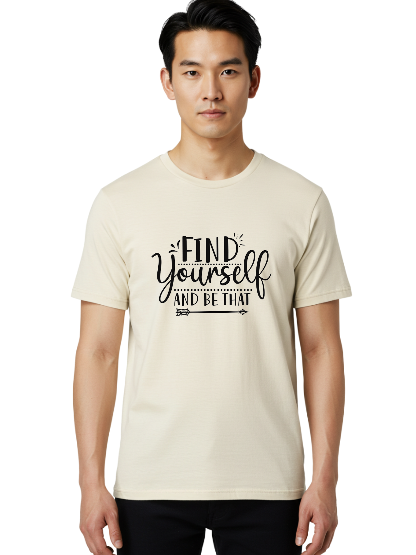 Find-Yourself-And-Be-That Men'S Graphic Tee, 100% Cotton, Comfortable Casual Summer Wear, Machine Washable, Inspirational Quote, Motivational Phrase, Self-Discovery, Empowerment, Positivity, Arrow Symbol, Bold Typography, Dotted Lines, Aad393