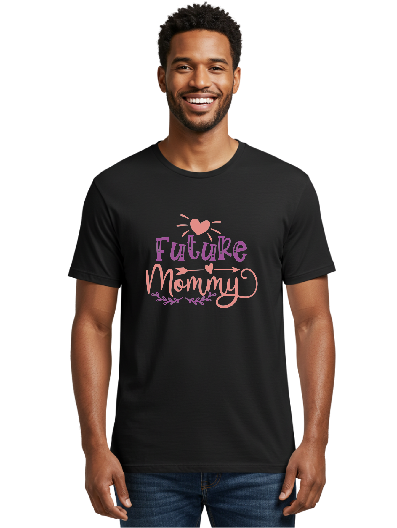 Future-Mommy Men'S Graphic Tee, 100% Cotton, Comfortable Casual Summer Wear, Machine Washable, Future Mommy, Pregnancy Announcement, Baby On Board, New Mom, Heart Design, Arrow Symbol, Floral Wreath, Motherhood, Parenting Journey, Love, Aad403
