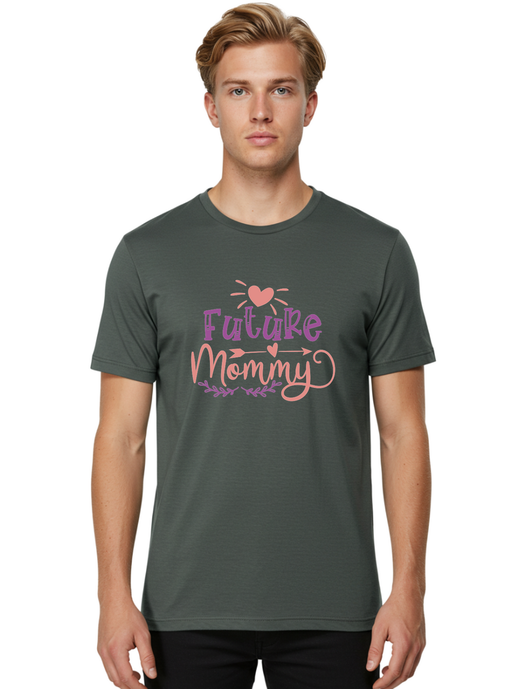 Future-Mommy Men'S Graphic Tee, 100% Cotton, Comfortable Casual Summer Wear, Machine Washable, Future Mommy, Pregnancy Announcement, Baby On Board, New Mom, Heart Design, Arrow Symbol, Floral Wreath, Motherhood, Parenting Journey, Love, Aad403