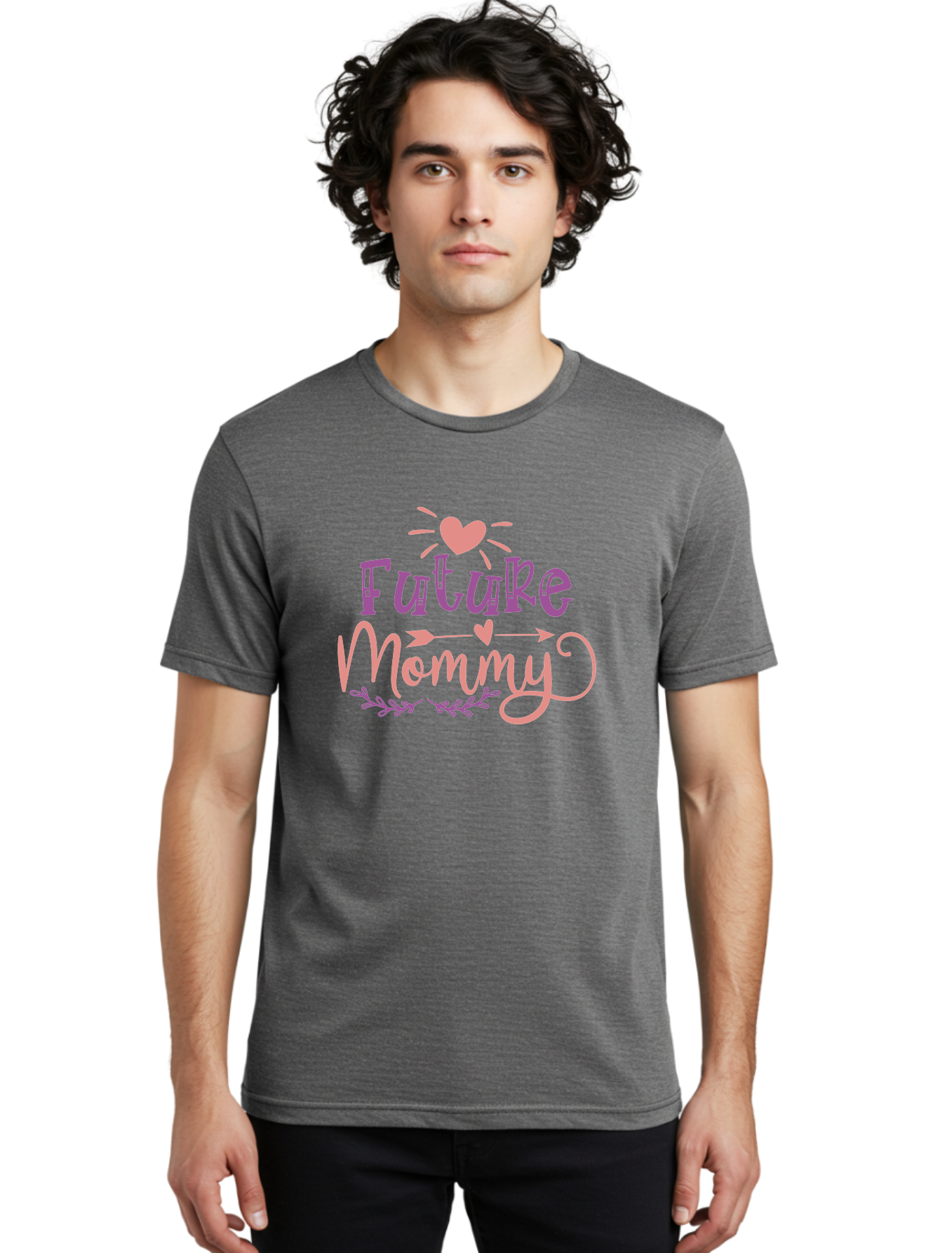 Future-Mommy Men'S Graphic Tee, 100% Cotton, Comfortable Casual Summer Wear, Machine Washable, Future Mommy, Pregnancy Announcement, Baby On Board, New Mom, Heart Design, Arrow Symbol, Floral Wreath, Motherhood, Parenting Journey, Love, Aad403