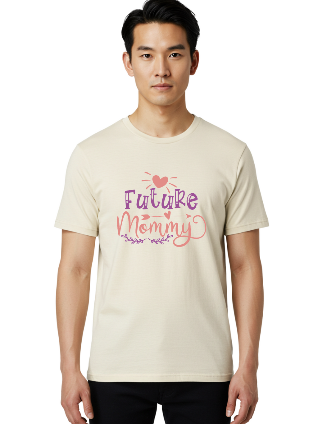Future-Mommy Men'S Graphic Tee, 100% Cotton, Comfortable Casual Summer Wear, Machine Washable, Future Mommy, Pregnancy Announcement, Baby On Board, New Mom, Heart Design, Arrow Symbol, Floral Wreath, Motherhood, Parenting Journey, Love, Aad403