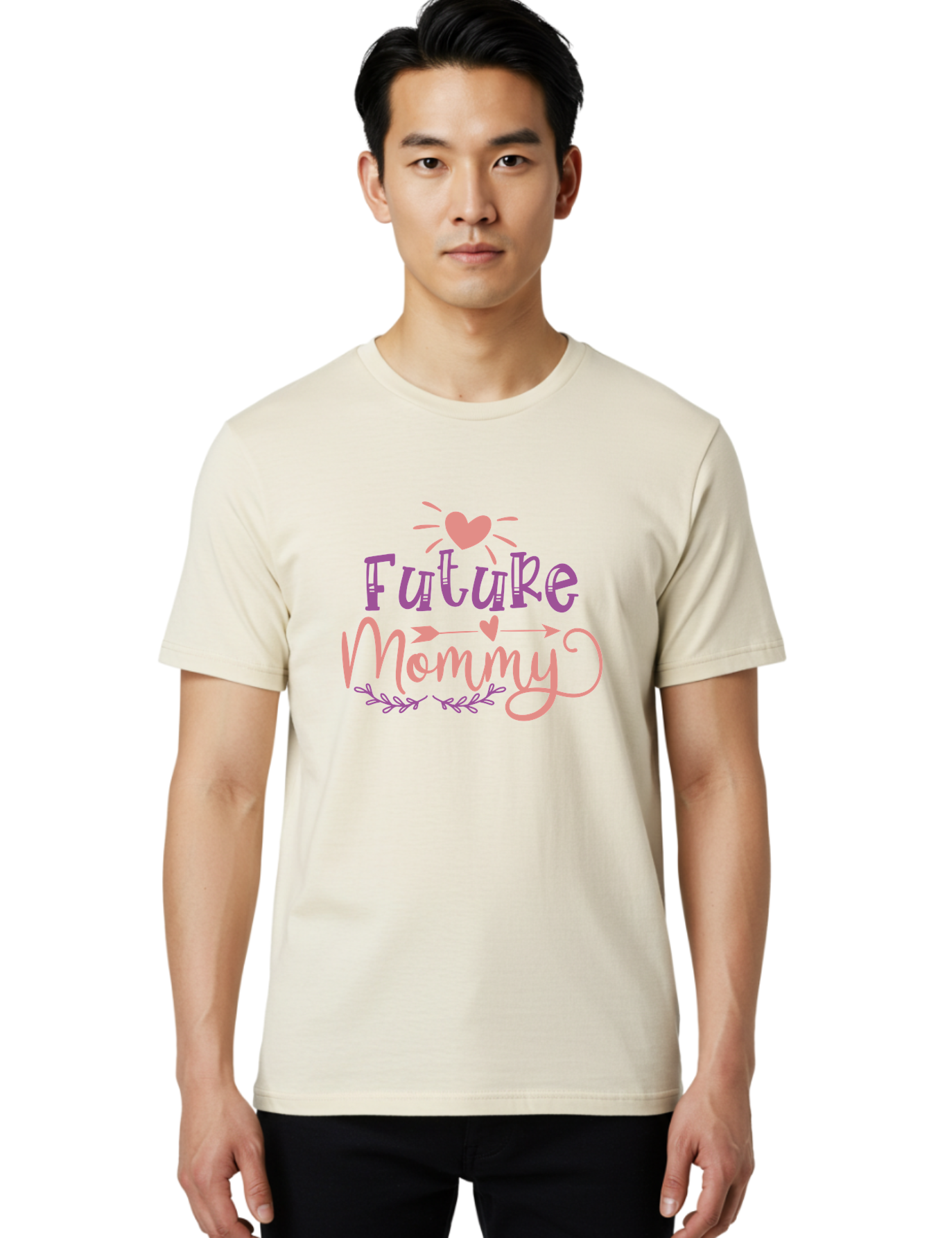 Future-Mommy Men'S Graphic Tee, 100% Cotton, Comfortable Casual Summer Wear, Machine Washable, Future Mommy, Pregnancy Announcement, Baby On Board, New Mom, Heart Design, Arrow Symbol, Floral Wreath, Motherhood, Parenting Journey, Love, Aad403