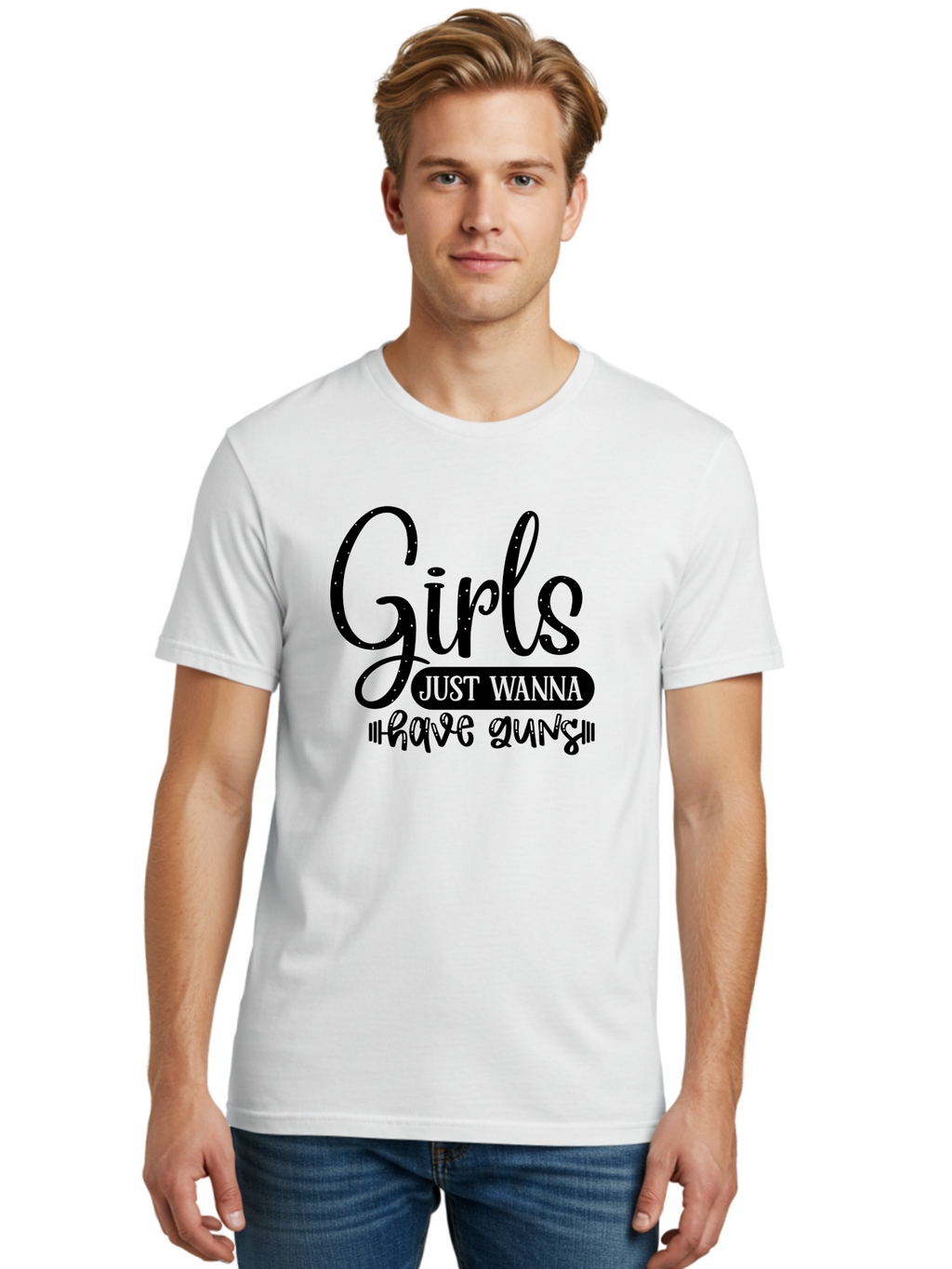 Girls-Just-Wanna-Have-Guns Men'S Graphic Tee, 100% Cotton, Comfortable Casual Summer Wear, Machine Washable, Funny Quote, Sassy Saying, Girls Just Wanna Have Guns, Gun Culture, Female Empowerment, Humorous Phrase, Quirky Design, Women'S Rights Aad404