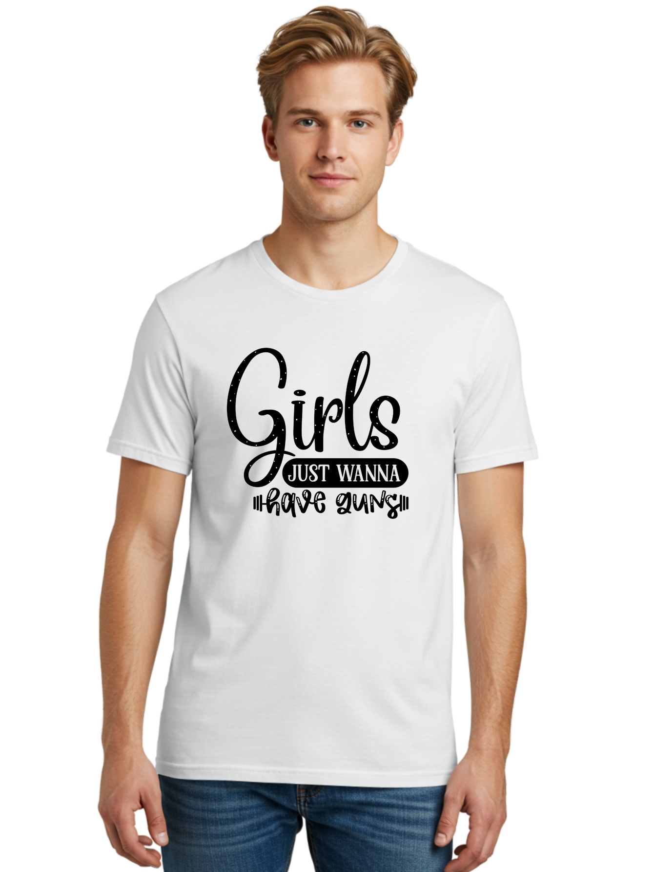 Girls-Just-Wanna-Have-Guns Men'S Graphic Tee, 100% Cotton, Comfortable Casual Summer Wear, Machine Washable, Funny Quote, Sassy Saying, Girls Just Wanna Have Guns, Gun Culture, Female Empowerment, Humorous Phrase, Quirky Design, Women'S Rights Aad404