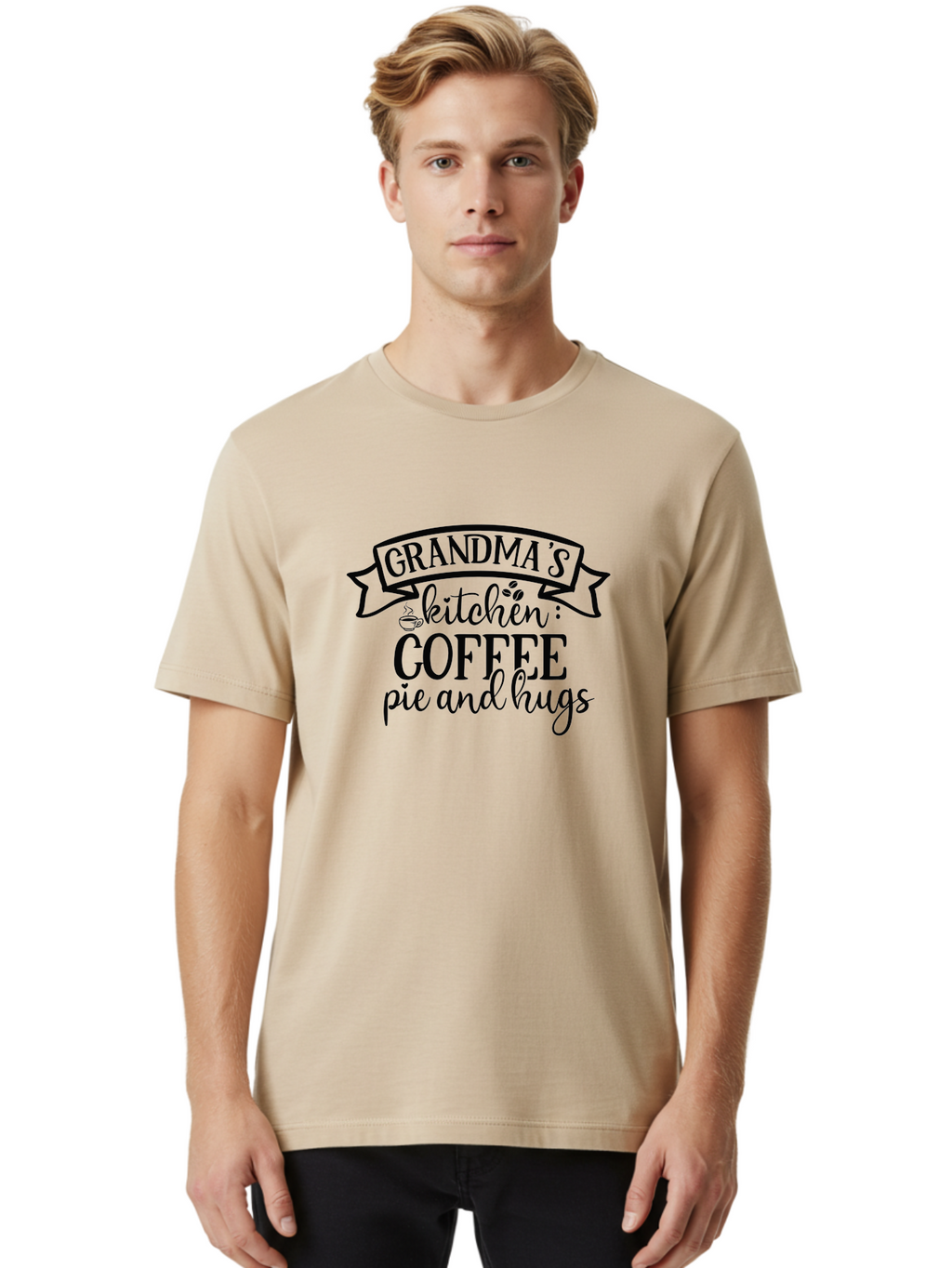 Grandma-S-Kitchen Men'S Graphic Tee, 100% Cotton, Comfortable Casual Summer Wear, Machine Washable, Grandma'S Kitchen, Coffee, Pie, Hugs, Grandmotherly Love, Warm Hospitality, Cozy Atmosphere, Family Traditions, Homemade Treats Aad406